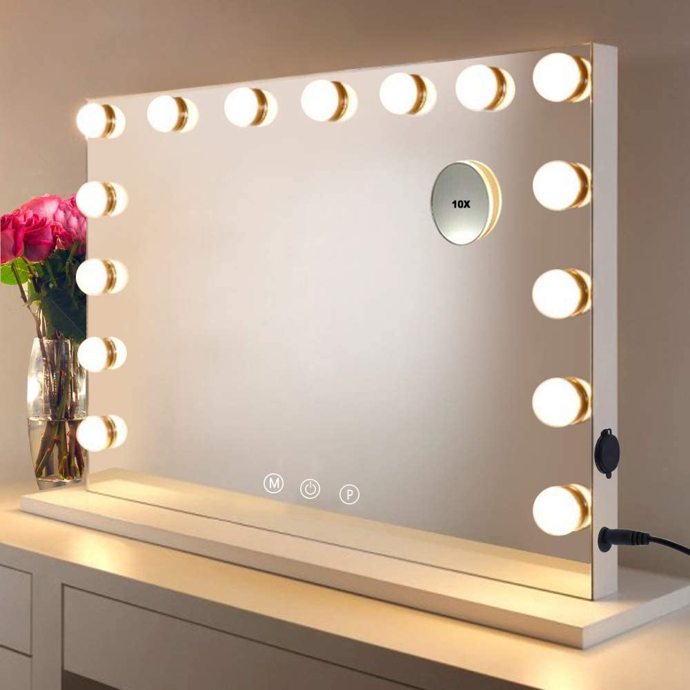 Large Hollywood Lighted Vanity Mirror with 15 Dimmable LED Bulbs
