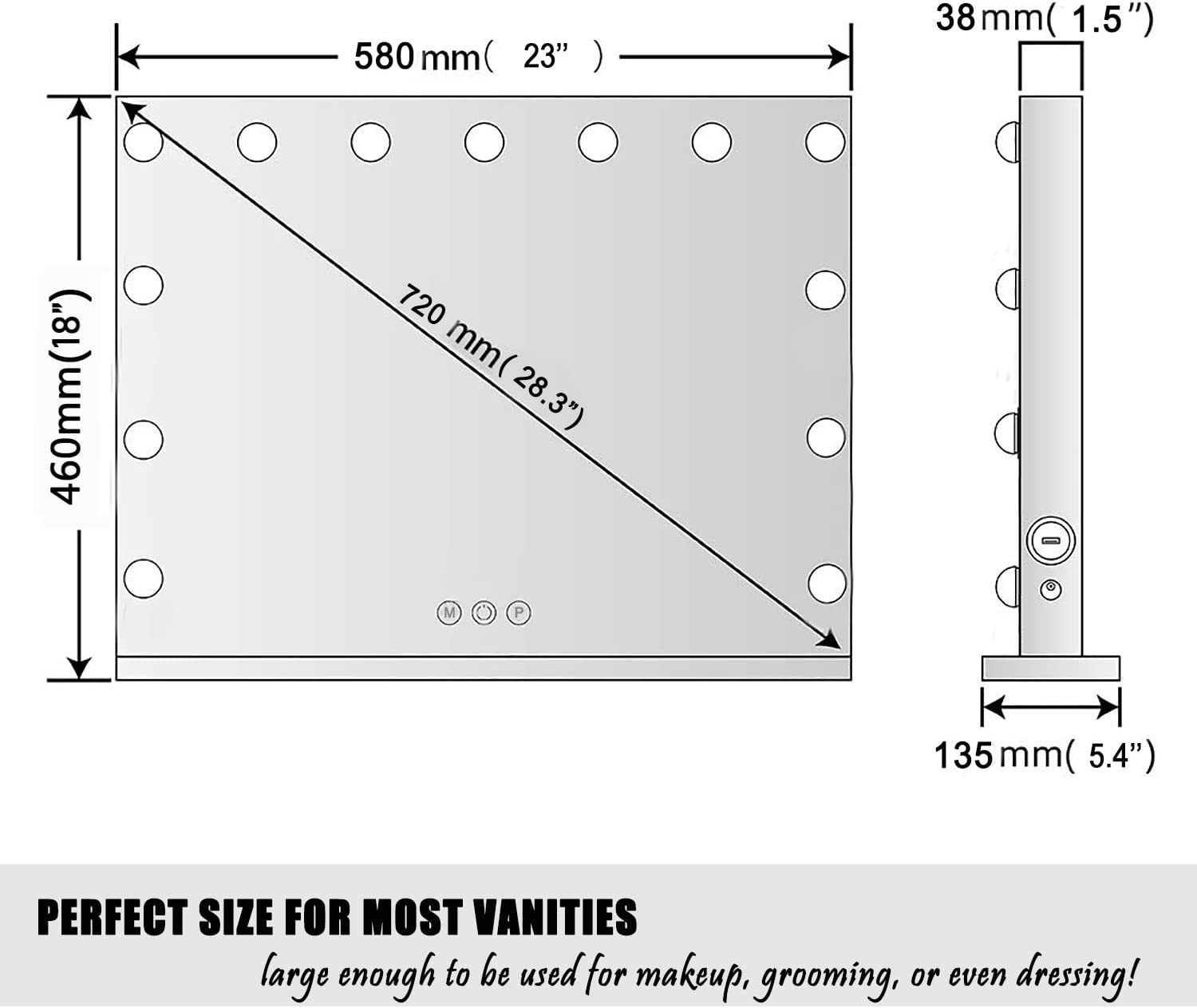 Large Hollywood Lighted Vanity Mirror with 15 Dimmable LED Bulbs