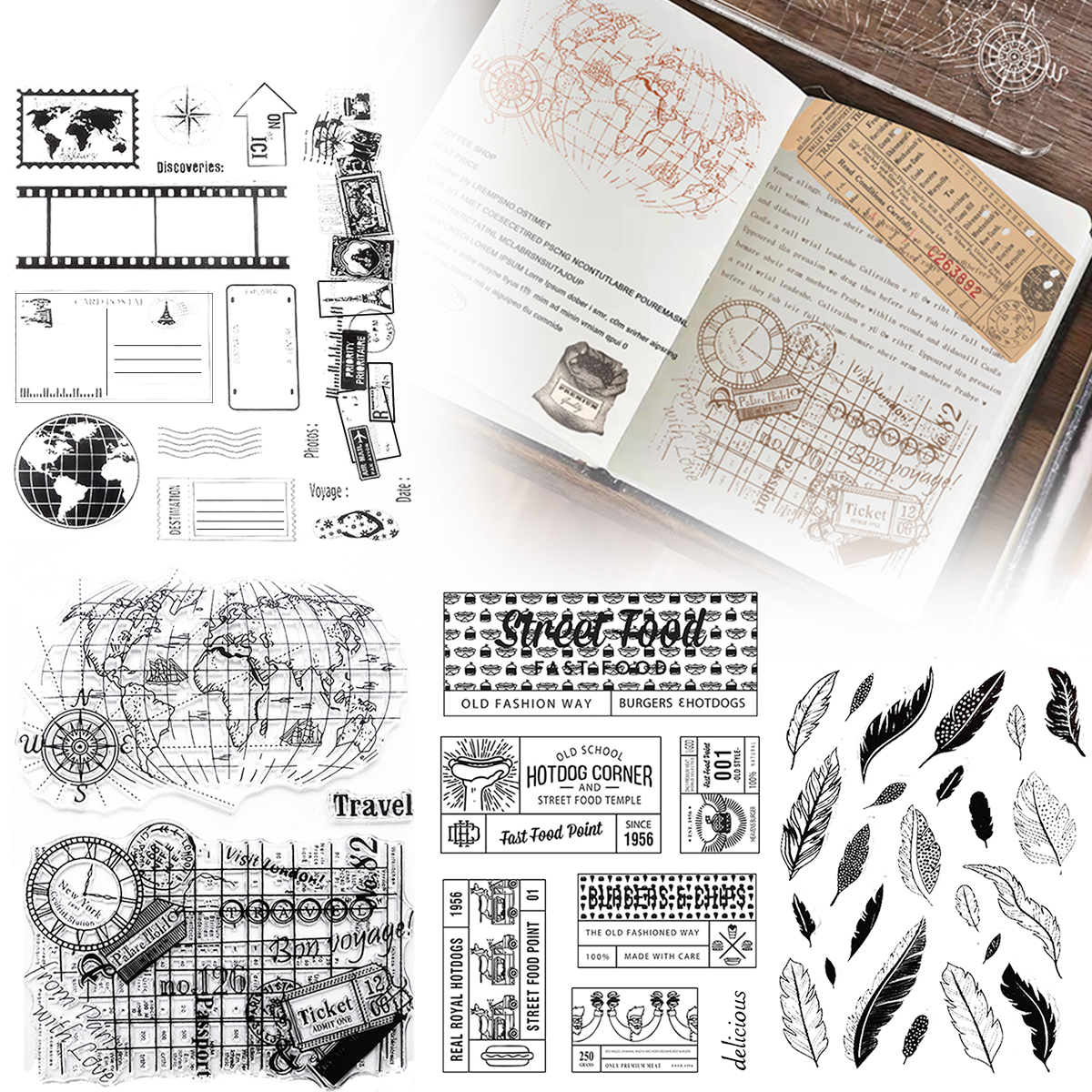 UCINNOVATE 4Pcs Clear Stamps, Earth Map, Travel , Feather, Food Theme for DIY Card, Scrapbooking and Journals