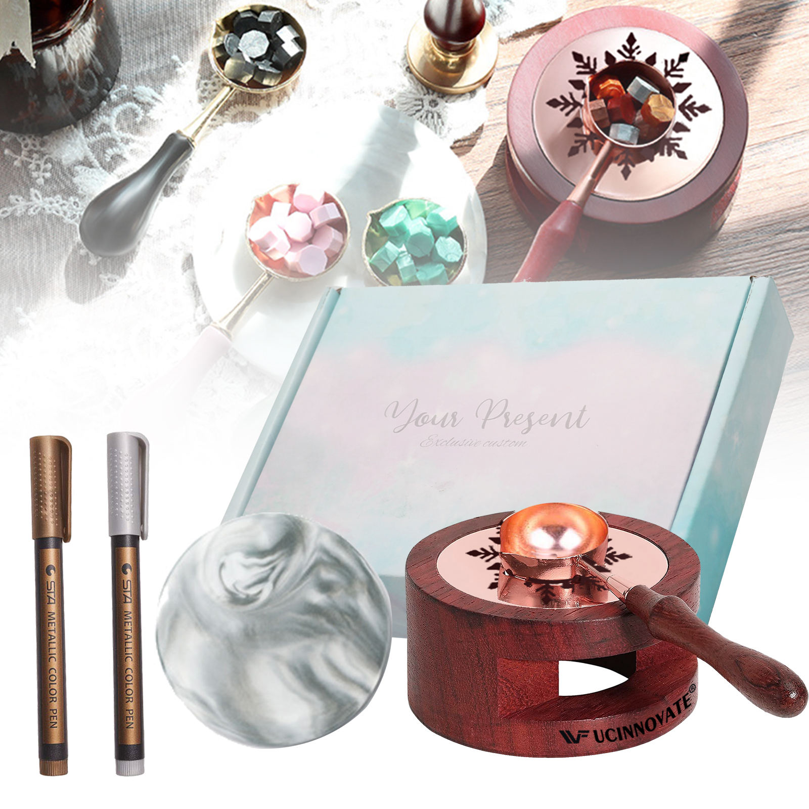 Wax Seal Accessories Tool Kit, Wax Seal Warmer with Spoon, Marble Pad, Metallic Pen for Wax Seal Stamp Decor