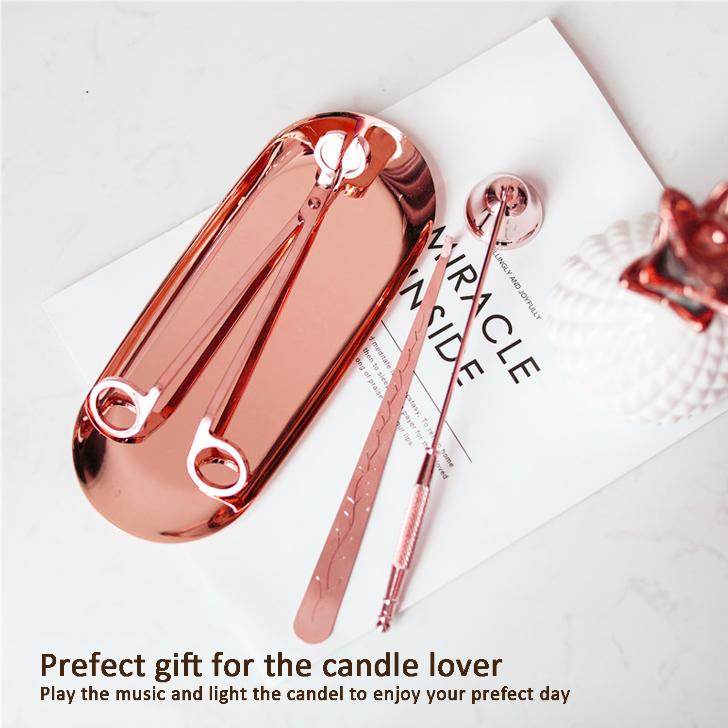 4 in 1 Candle Accessory Set, Candle Snuffer, Wick Trimme, Wick Dipper, Tray, Gift for Candle Lover, Pink Gold