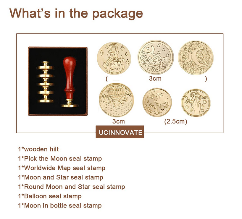 UCINNOVATE 6pcs Wax Seal Stamp Set(Moon and Star Suit) for Gift, Cards Envelopes, Invitations, Wine Packages