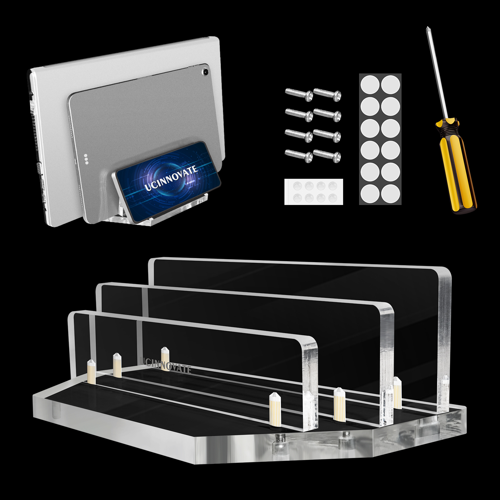 UCINNOVATE Vertical Laptop Stand, Acrylic Laptop Holder Desk with Adjustable Dock, Dual Desktop Notebook Stand Fits All MacBook/Surface/Gaming Laptop/iPad/Pro/Chromebook/HP/Dell/Computer/Keyboard