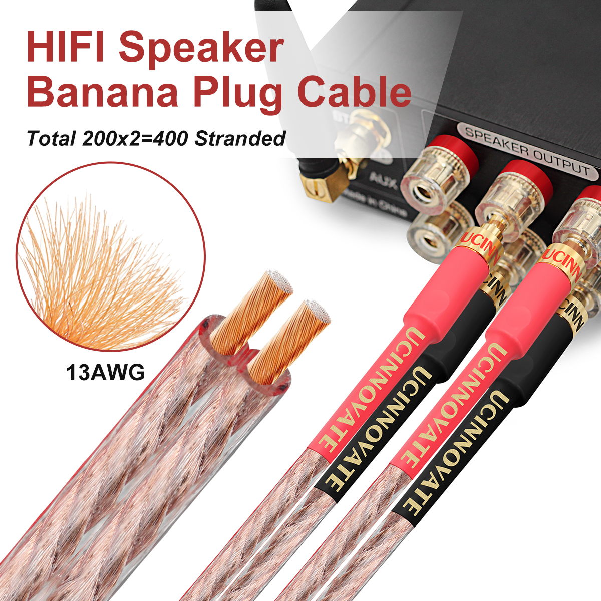 UCINNOVATE 2 Pack 13AWG Speaker Cable with Banana Plug, (1.5m / 4.9FT) 1 Pair HiFi Speaker Cable with Gold-Plated Banana Plugs, Male to Male Audio Cable Speaker Cord for Home Theater