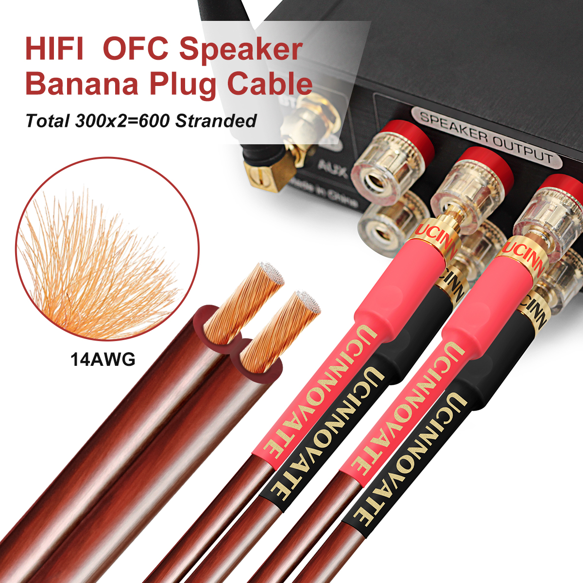 UCINNOVATE HiFi OFC Speaker Wire Cable with Banana Plug, 2 Pack High-end Pure Copper 1.5m Gold-Plated Banana Tip Plugs Male to Male 600 Strand Speaker Cable Audio HiFi System Home Theater 4.9FT