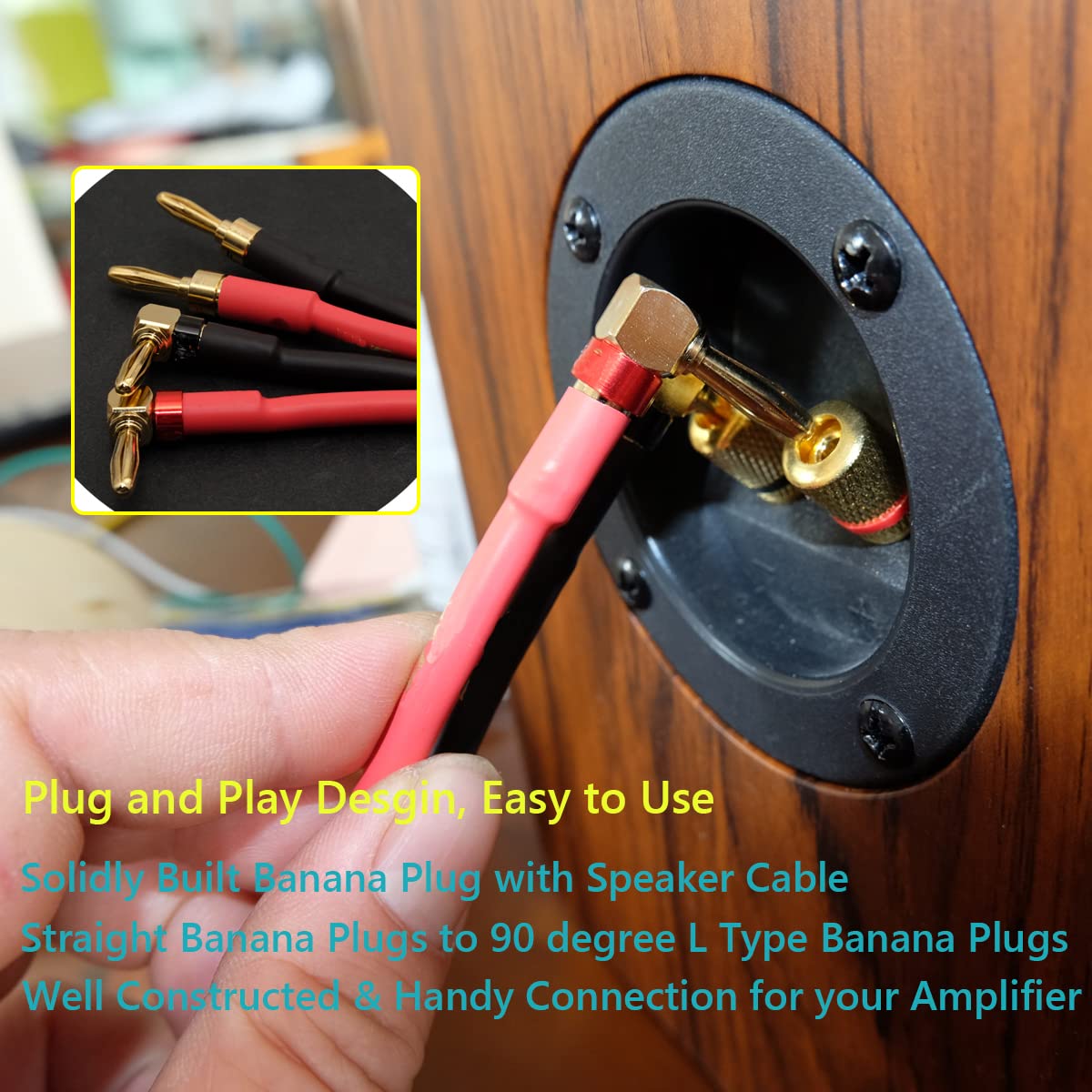 UCINNOVATE 2 Pack 14 AWG Speaker Wire with Banana Plugs, 2x 3m HiFi OFC Speaker Cable with Gold-Plated Right Angle Banana Plugs to Banana Plugs Audio Cable Speaker Cord for Audiophile (3m / 9.8FT)