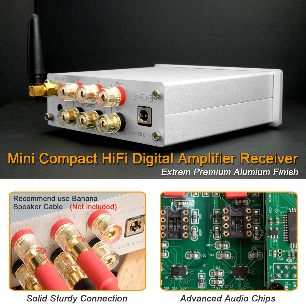 Bluetooth 5.0 Audio Stereo Amplifier, Hi-Fi Audio Receiver 2.1 Channel Mini Amp 50 Watt x2+100 Watt for Speaker Subwoofer