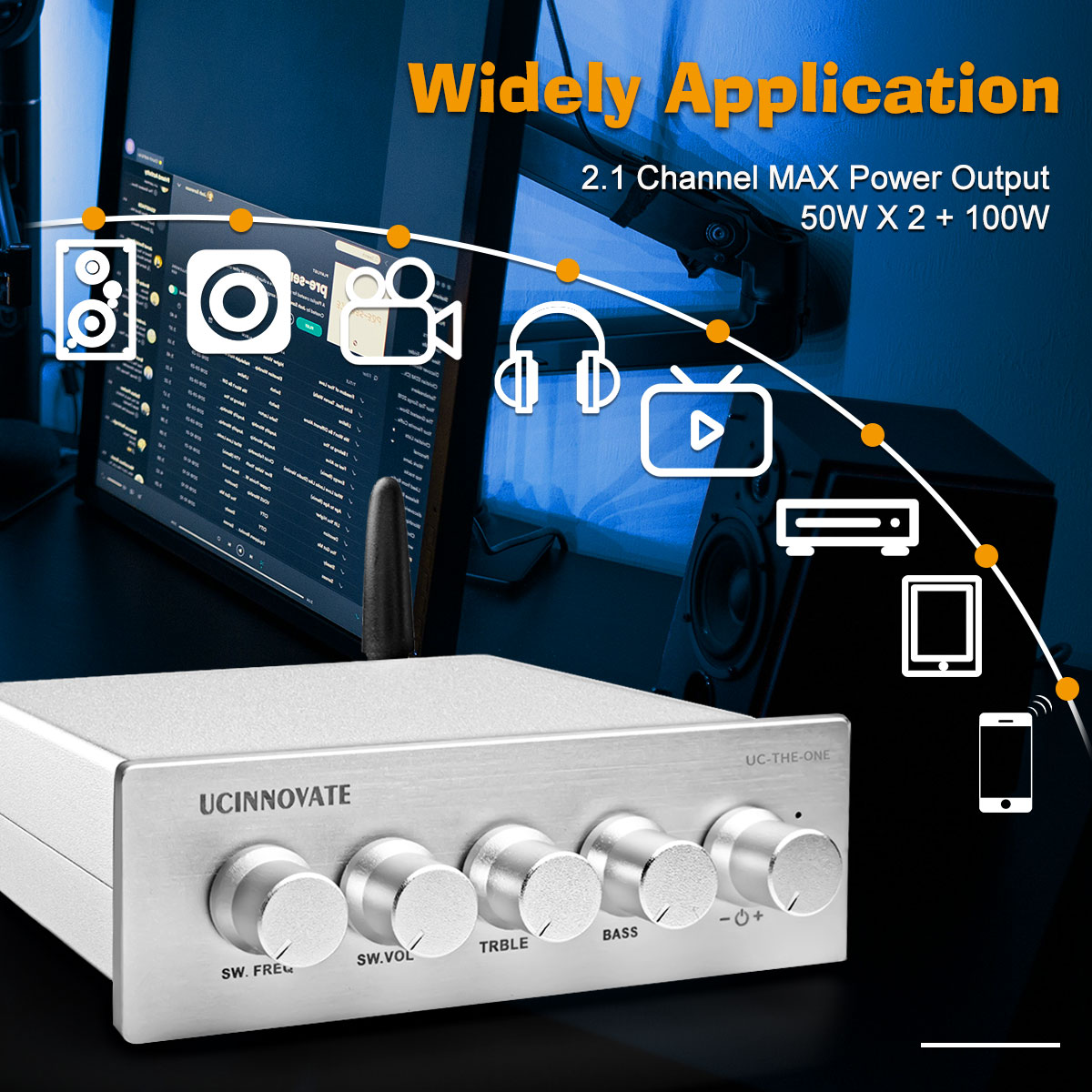 Bluetooth 5.0 Audio Stereo Amplifier, Hi-Fi Audio Receiver 2.1 Channel Mini Amp 50 Watt x2+100 Watt for Speaker Subwoofer