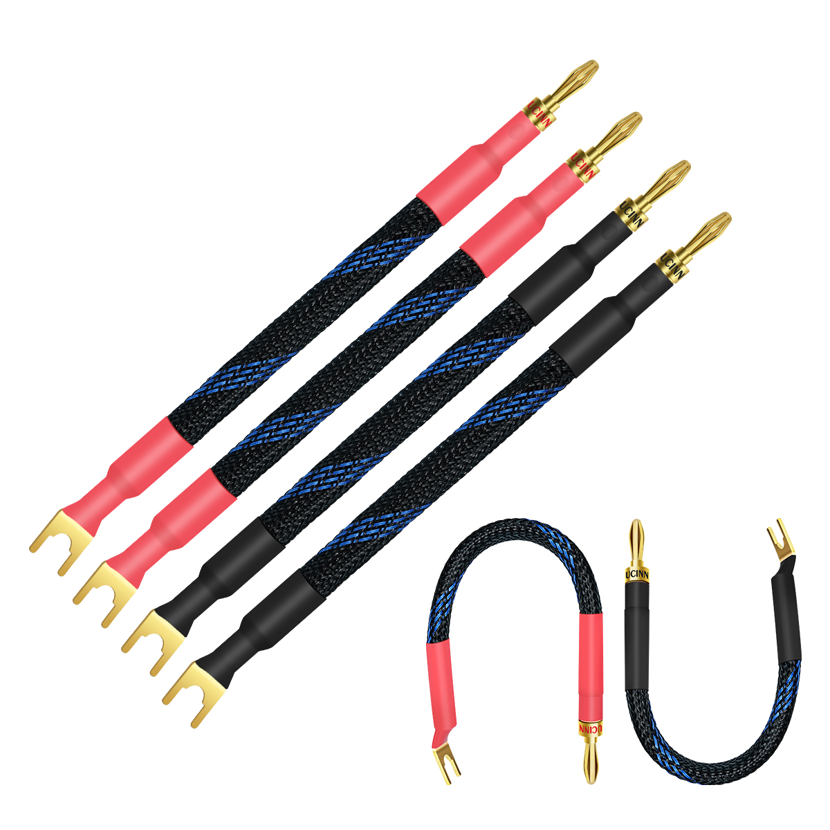 VVFLED UCINNOVATE 4 x HiFi OFC Spade to Banana Plug Speaker Wire, 13AWG 21cm Speaker jumper cable for amplifiers, Bi-Wire Jumper Bridge Spade to Banana Speaker Cable with Banana Plugs