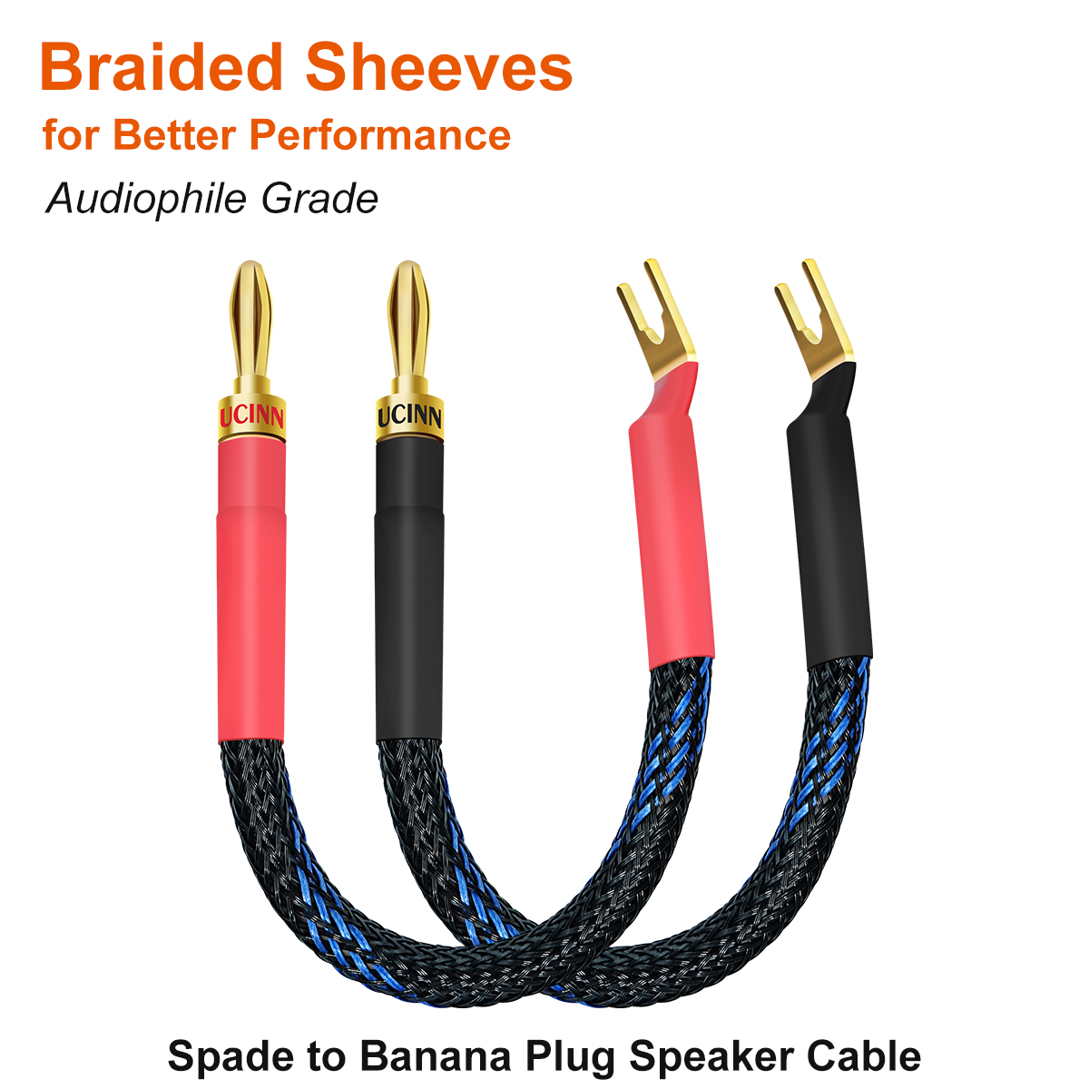 VVFLED UCINNOVATE 4 x HiFi OFC Spade to Banana Plug Speaker Wire, 13AWG 21cm Speaker jumper cable for amplifiers, Bi-Wire Jumper Bridge Spade to Banana Speaker Cable with Banana Plugs