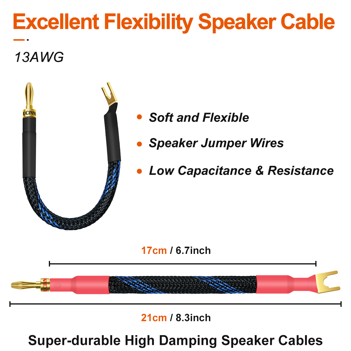 VVFLED UCINNOVATE 4 x HiFi OFC Spade to Banana Plug Speaker Wire, 13AWG 21cm Speaker jumper cable for amplifiers, Bi-Wire Jumper Bridge Spade to Banana Speaker Cable with Banana Plugs