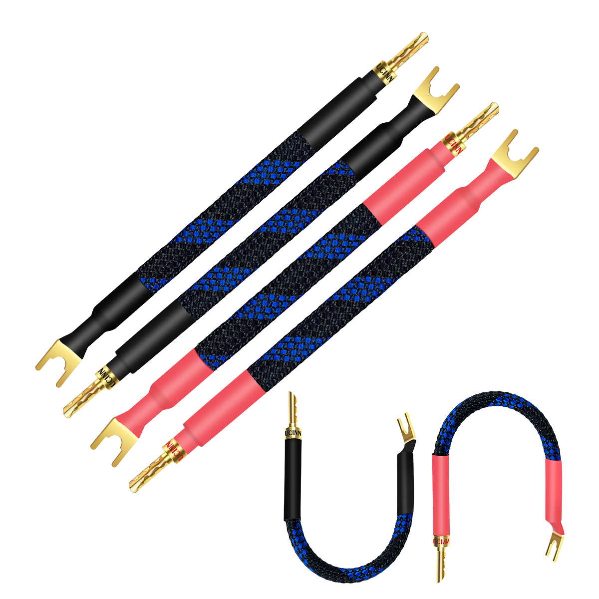 UCINNOVATE BFA Speaker Jumper cables with Banana Plugs, 4 Pack 20cm/7.8” BFA to Y Plug Banana Bi-Wire Speaker Cable Bridge, 11AWG HiFi Speaker Jumper Cable with Gold Plated Spade for Home Theater