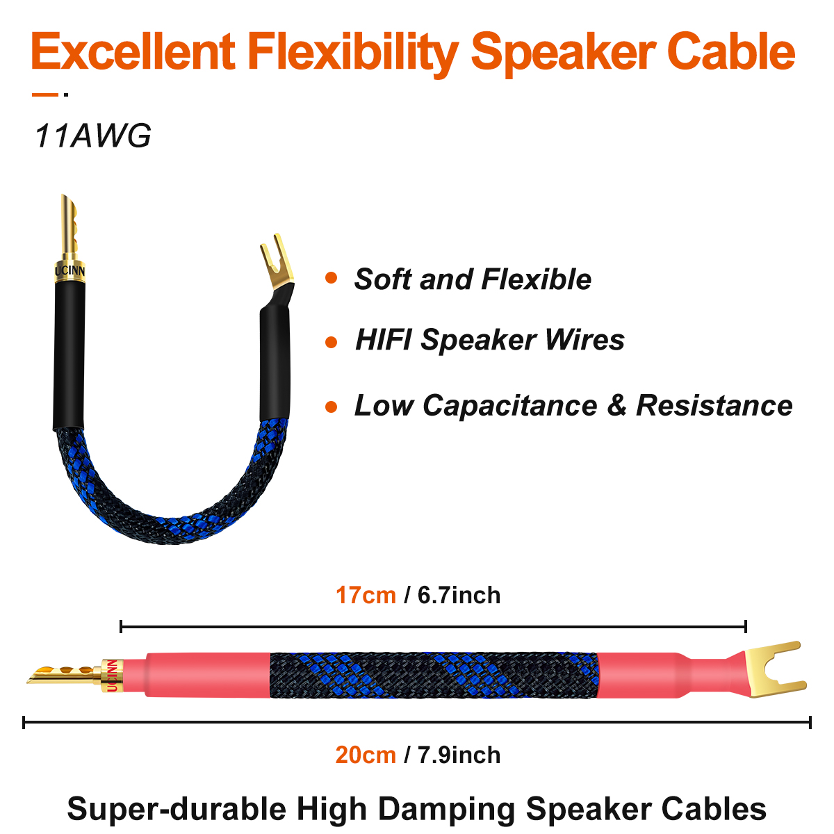 UCINNOVATE BFA Speaker Jumper cables with Banana Plugs, 4 Pack 20cm/7.8” BFA to Y Plug Banana Bi-Wire Speaker Cable Bridge, 11AWG HiFi Speaker Jumper Cable with Gold Plated Spade for Home Theater