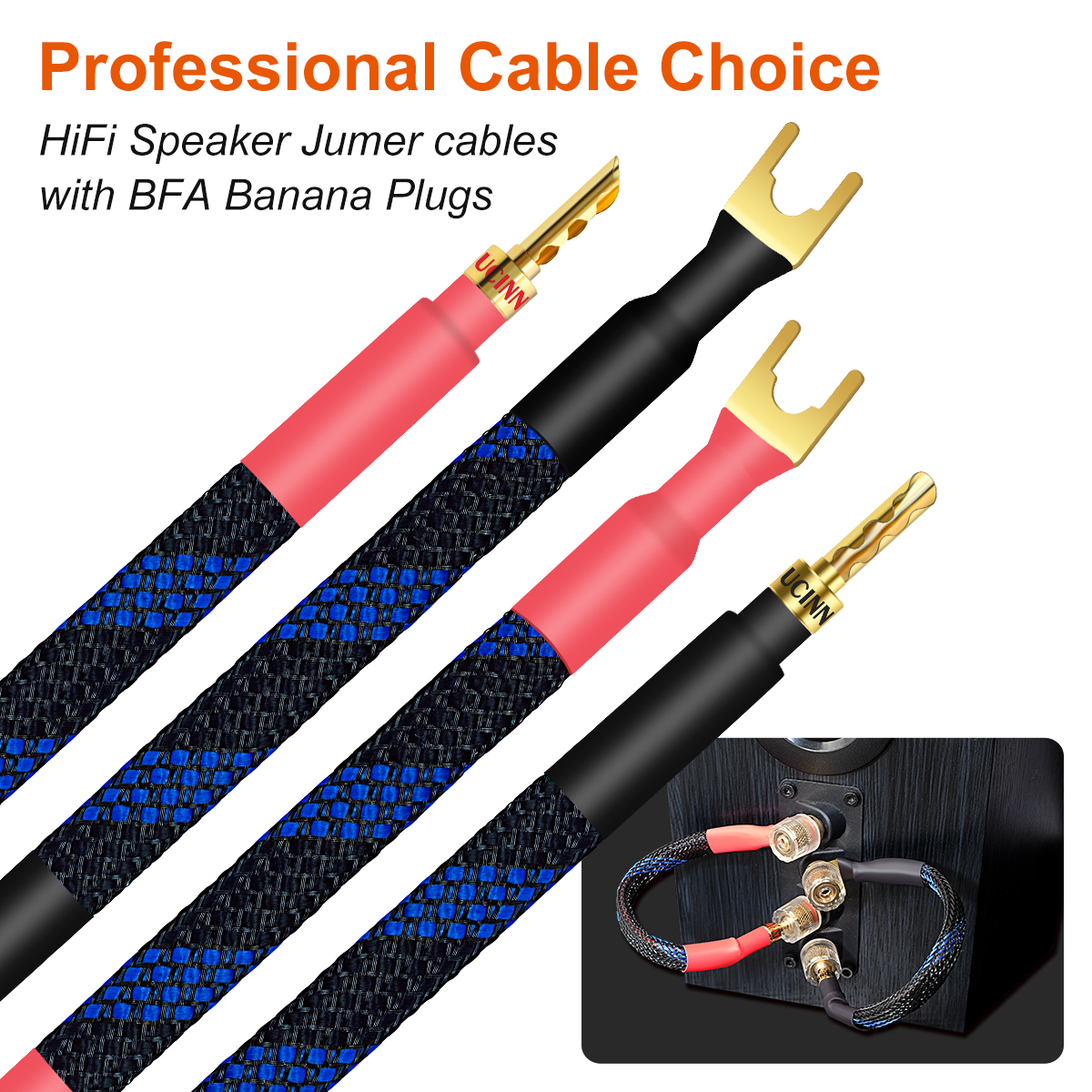 UCINNOVATE BFA Speaker Jumper cables with Banana Plugs, 4 Pack 20cm/7.8” BFA to Y Plug Banana Bi-Wire Speaker Cable Bridge, 11AWG HiFi Speaker Jumper Cable with Gold Plated Spade for Home Theater