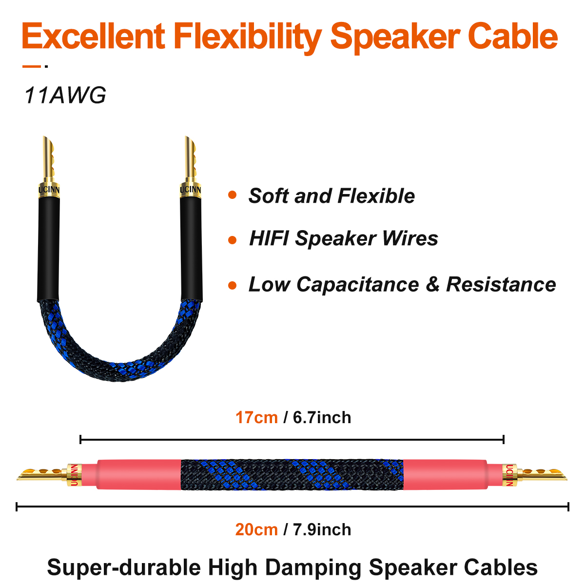 VVFLED UCINNOVATE 11 AWG Copper HiFi BFA Speaker Cables, 4 Pack 20cm Audiophile OFC Gold Plated Speaker Wire with BFA Banana Plug for HiFi Audio System, BFA banana plugs with Bi-Wire speaker wires