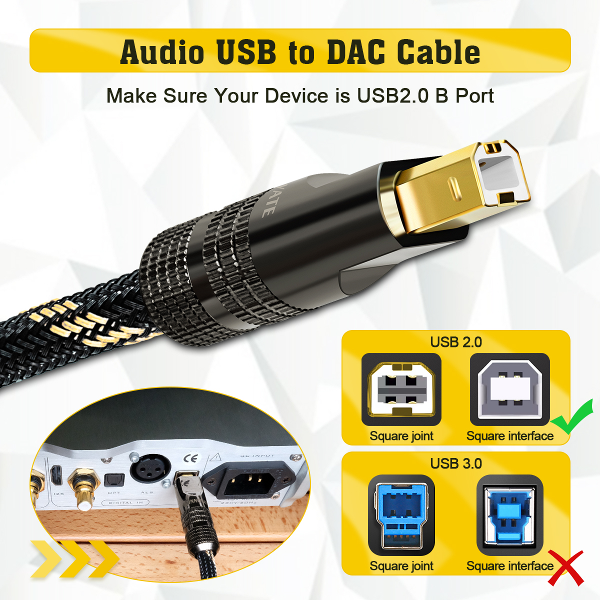 UCINNOVATE Premium HiFi USB to DAC Audio Cable, 3.3FT/1m Audiophile USB 2.0 DAC Cable with Gold-Plated Connections, Flexible Nylon Sleeve Audio USB Cable Optimized for Desktop DAC Device Improve Sound