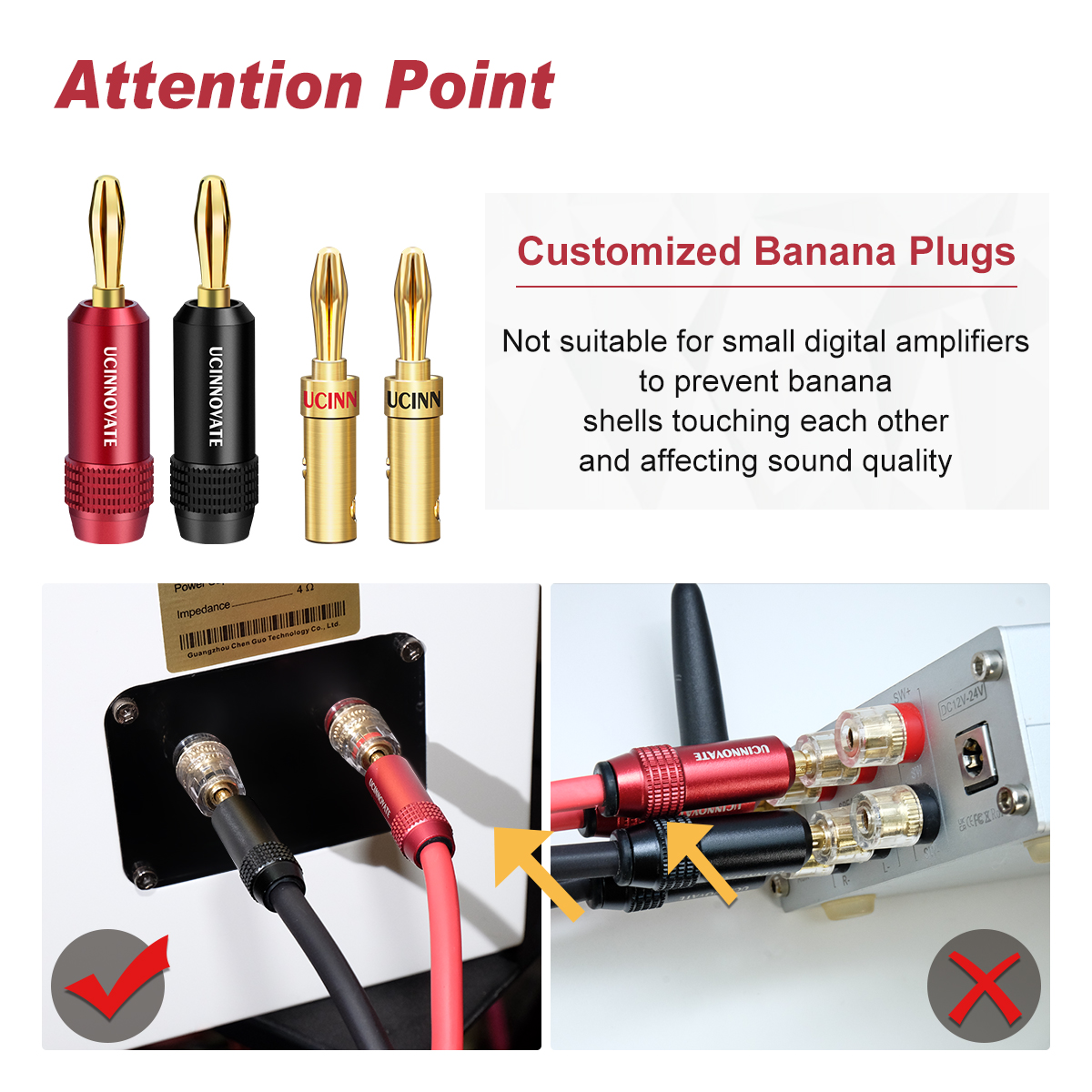 VVFLED UCINNOVATE Speaker Banana Plugs, 4PCS Premium 24K Gold Plated 4mm Banana Plugs for Speaker Wire HiFi Connection for Amplifiers, Speakers, Audio, A/V Receivers, Amplifiers, Stereo Systems