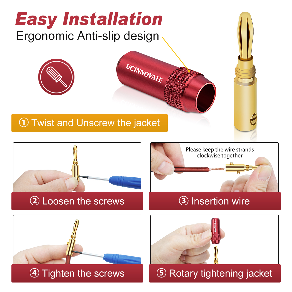 UCINNOVATE 8PCS Banana Plugs for Speakers, 4 Pairs Gold Plated 4mm Speaker Wire Connectors, Banana Plugs for Speaker Wire, Banana Connectors for Speaker Cables, Sockets, Amplifier, Audio Home Theater