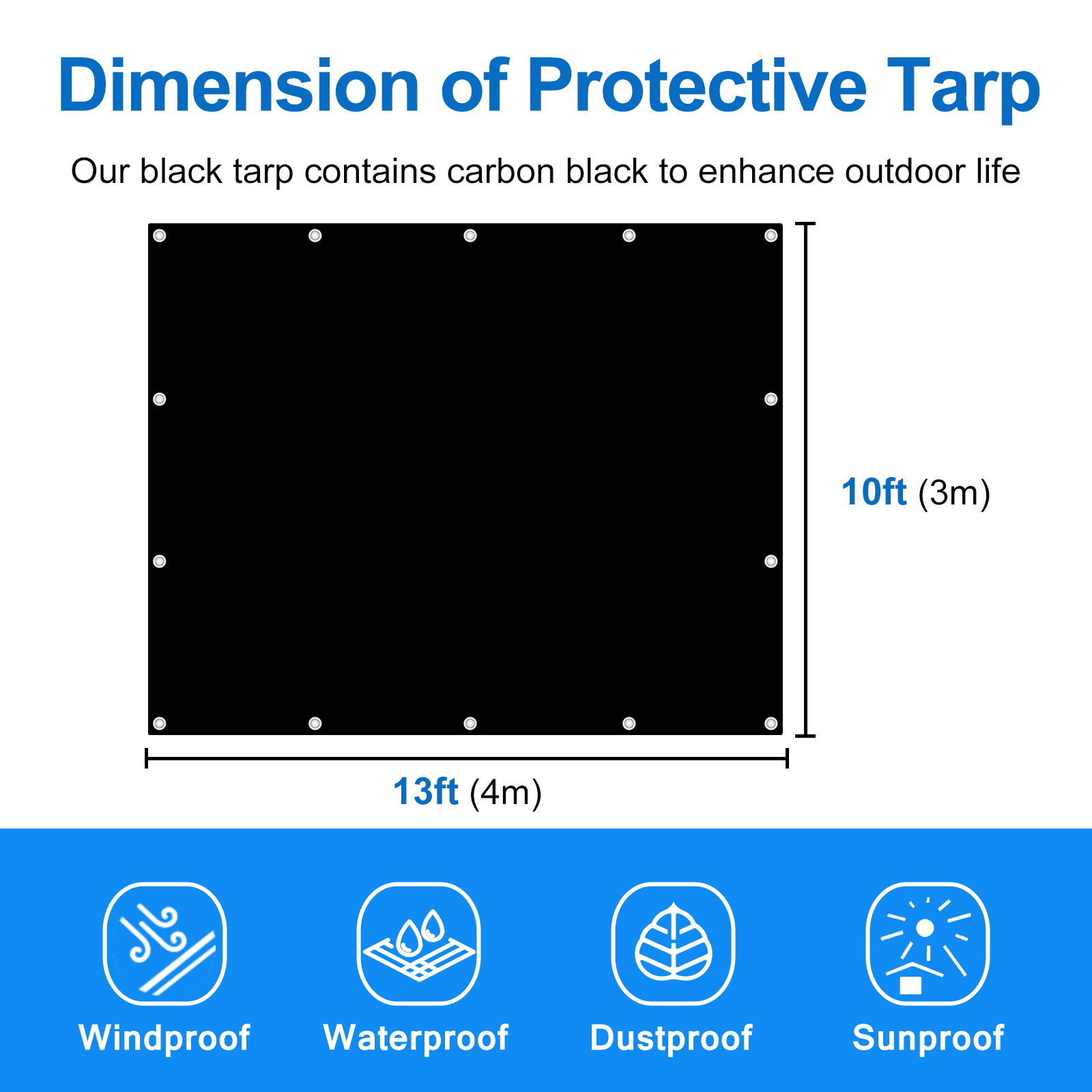 UCINNOVATE Black Plastic Tarp 10ft×13ft Heavy Duty Waterproof Tarpaulin, 14 mil Durable Black Cover Sheet with Grommets for Outdoor, Truck, Cargo, Pool, Storage Shed, Frame, Emergency Roof, Hay-Pile