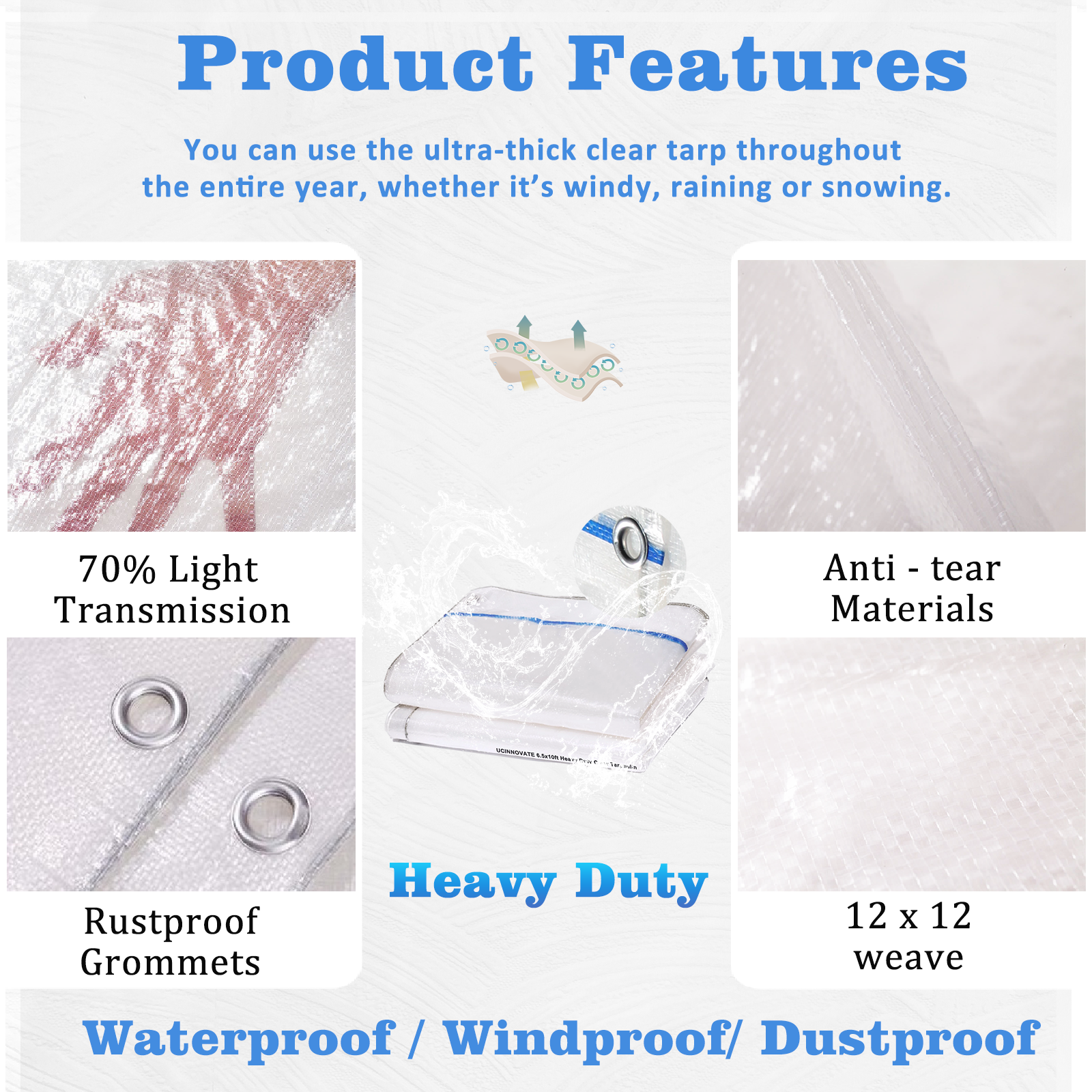 UCINNOVATE Clear Tarps Heavy Duty Waterproof 6.5 x 13ft, 120GSM Translucent Greenhouse Tarp with Grommets, Clear Plastic Tarp Cover for Garden Patio Lawn Plants Boat or Pet Hutch Roof