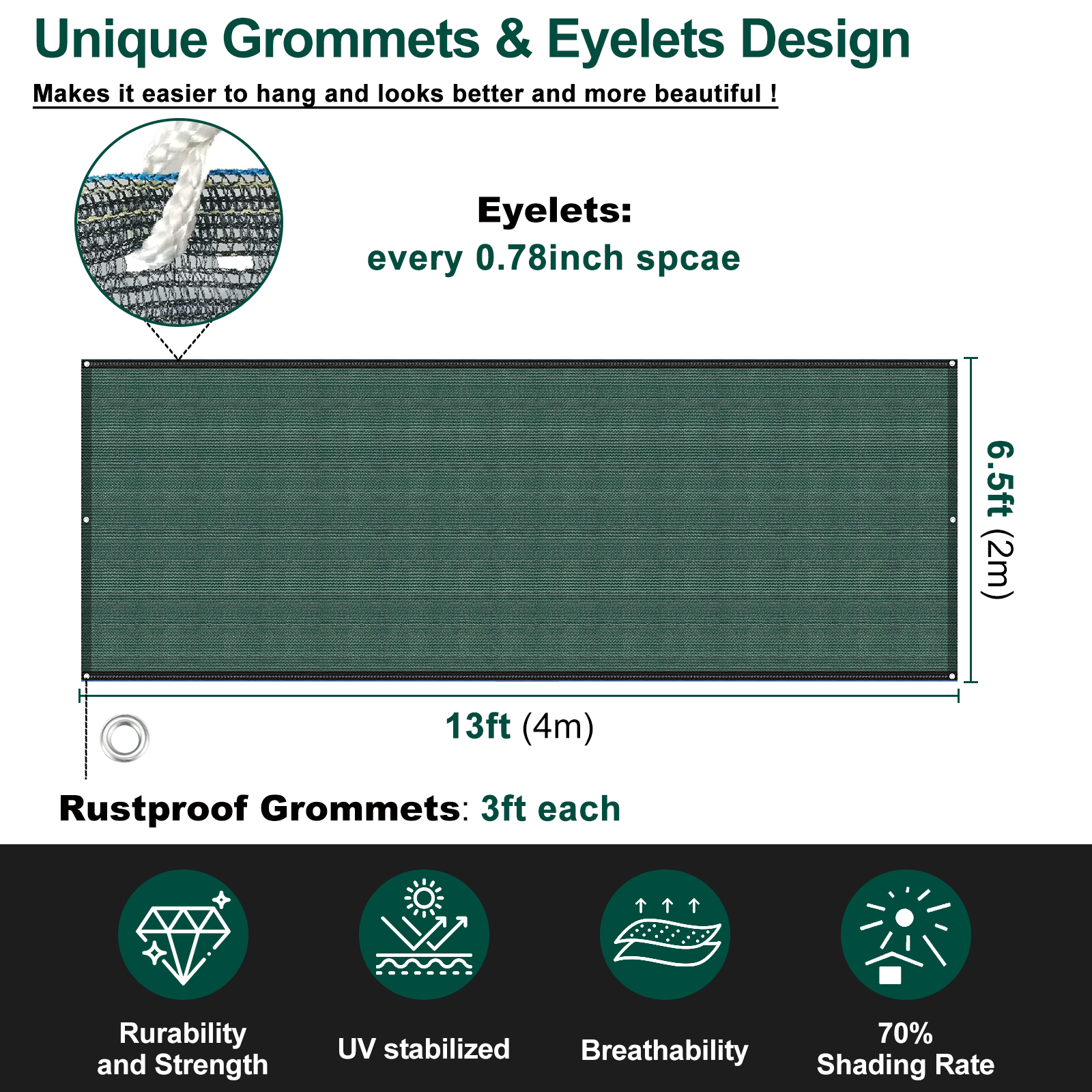 UCINNOVATE 70% Green Shade Cloth 6.5 x 13 ft Sunblock Mesh Fabric Garden Sunshade Cloth, Durable UV Resistant Plant Cover, Green Shade Net with Grommets & Eyelets for Greenhouse Patio Pergola Outdoor