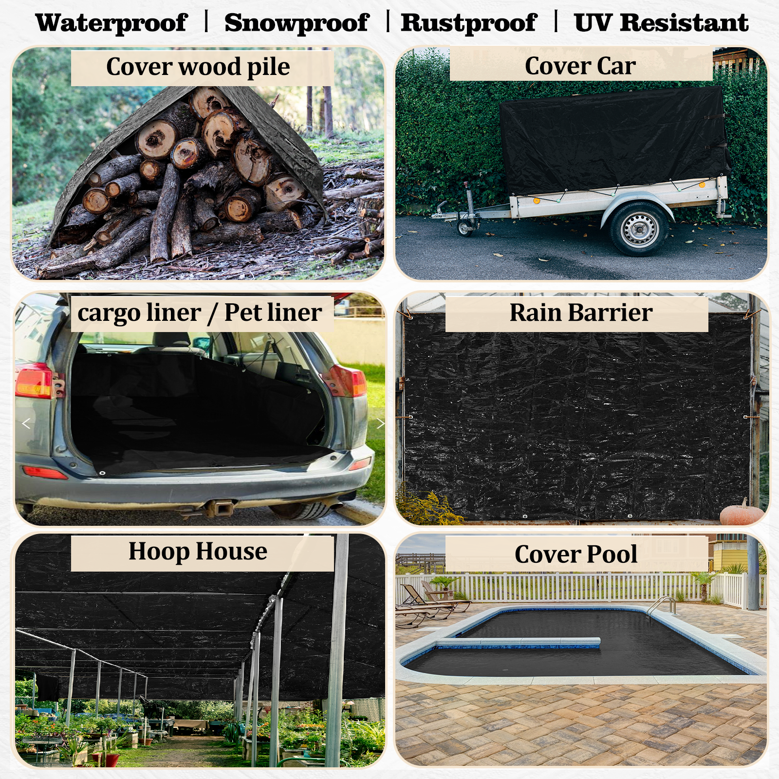 UCINNOVATE Black Plastic Tarp 10ft×10ft Heavy Duty Waterproof Tarpaulin, 14 mil Durable Black Cover Sheet with Grommets for Outdoor, Truck, Cargo, Pool, Storage Shed, Frame, Emergency Roof, Hay-Pile