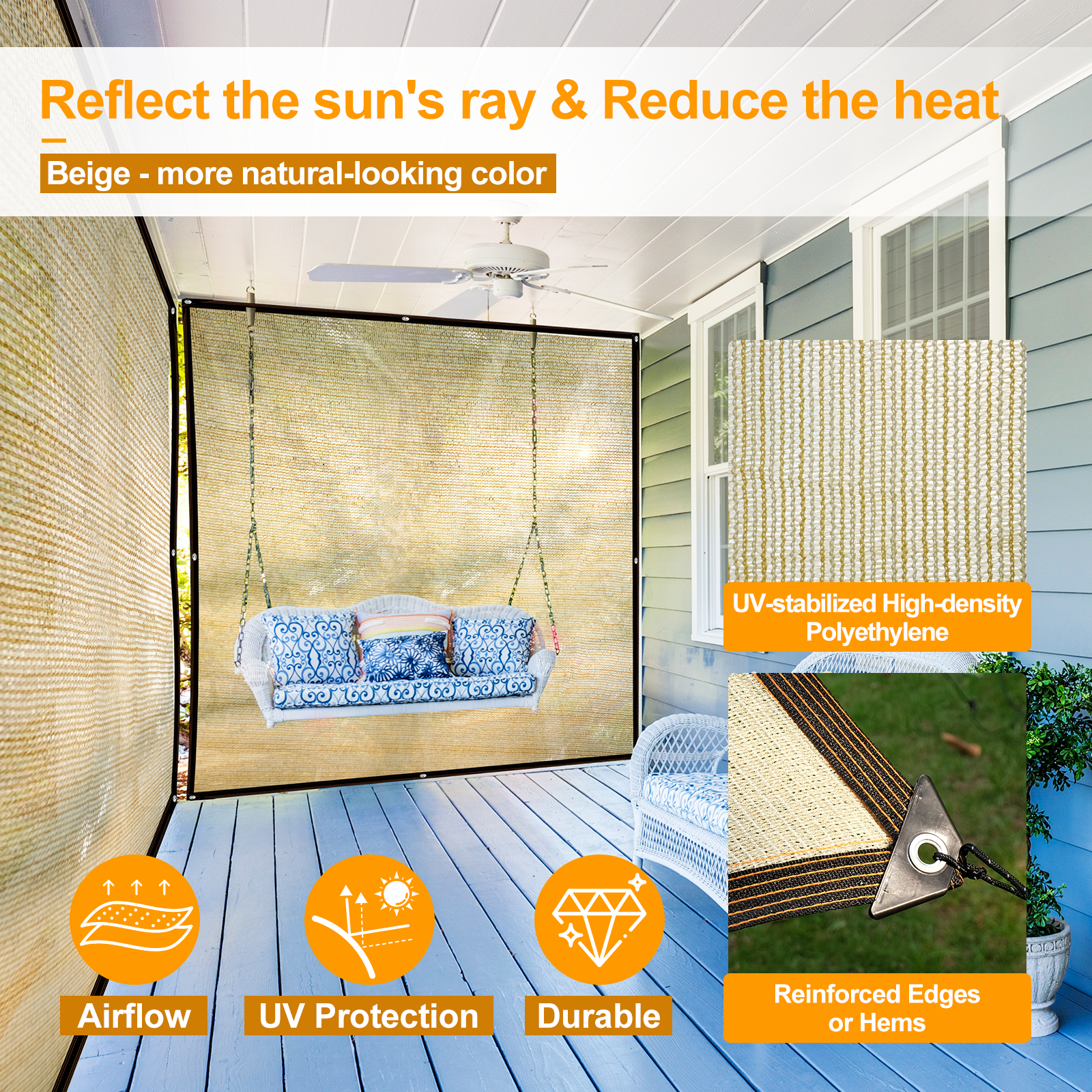 UCINNOVATE 10x10 ft Patio Sunshade Cloth 70% Sunblock Outdoor Shade Cloth, UV Resistant Sun Screen Beige Shade Mesh Tarp Fabric with Grommets for Patio Deck Pergola Backyard Dog Kennel Camper Awning