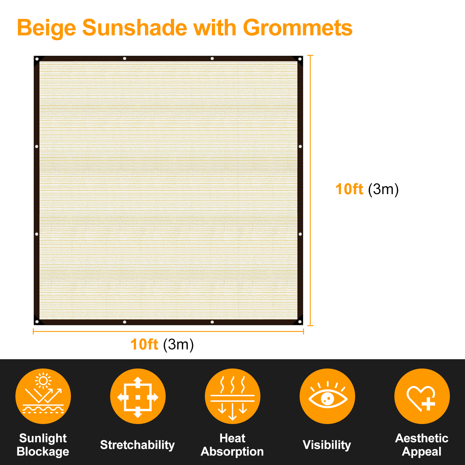 UCINNOVATE 10x10 ft Patio Sunshade Cloth 70% Sunblock Outdoor Shade Cloth, UV Resistant Sun Screen Beige Shade Mesh Tarp Fabric with Grommets for Patio Deck Pergola Backyard Dog Kennel Camper Awning