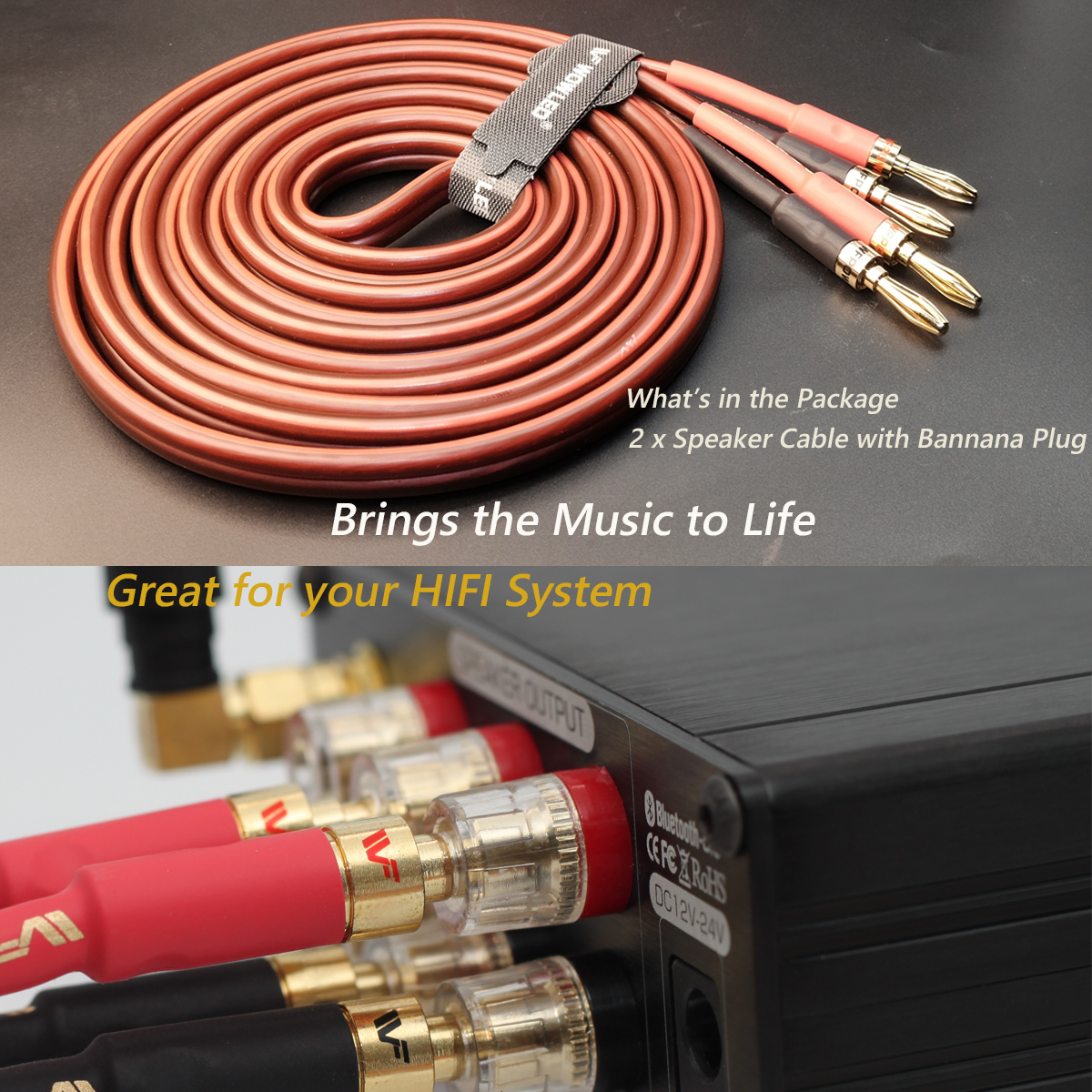 2 Pack High-end Pure Copper HiFi OFC Speaker Wire Cable with Banana Plug, 4m 14 AWG Gold-Plated Banana Tip Plugs