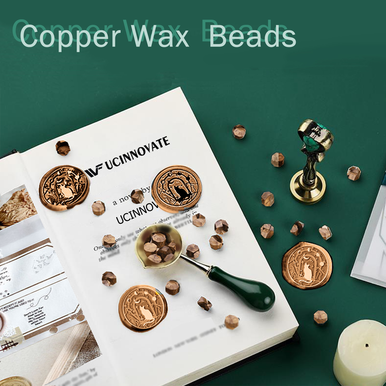 UCINNOVATE Seal Stamp Kit, Wax Seal Stamp(Cat), Wax Melting Spoon, Envelope, Card, for Invitation, Gift, Decor