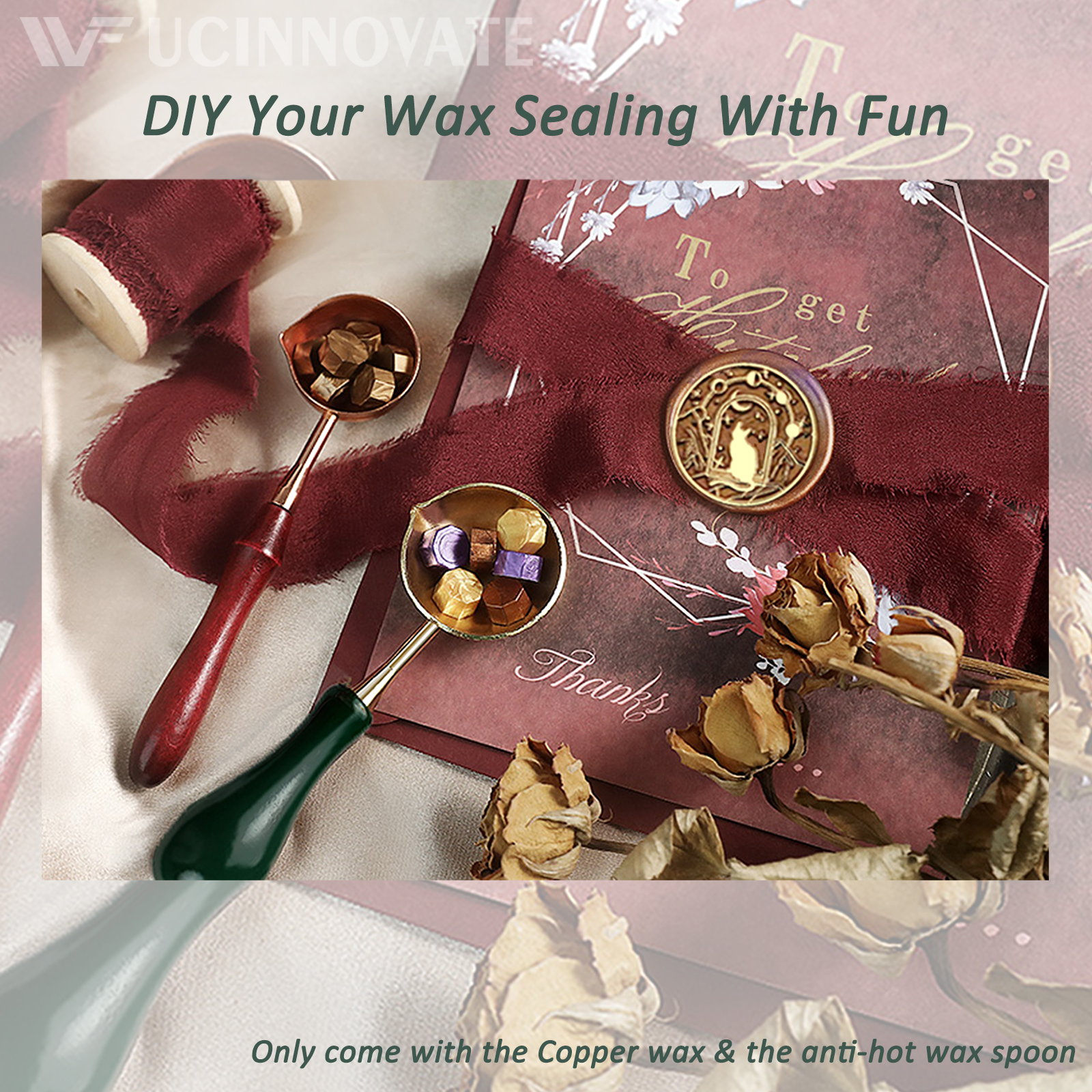 UCINNOVATE Seal Stamp Kit, Wax Seal Stamp(Cat), Wax Melting Spoon, Envelope, Card, for Invitation, Gift, Decor
