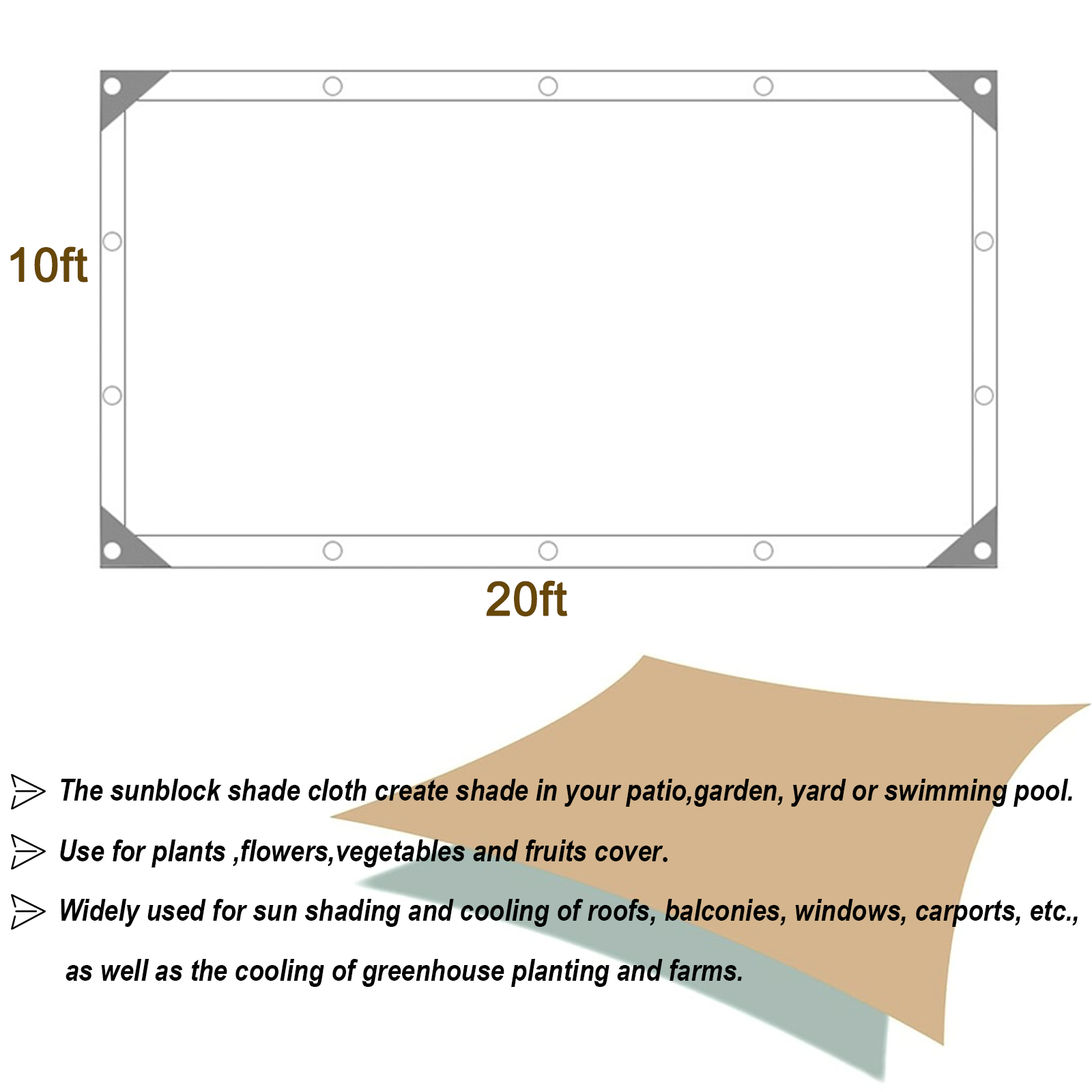 UCINNOVATE 10 x 20 ft Shade Fabric Sunshade Cloth UV Resistant Greenhouse Sunshade Net with Grommets