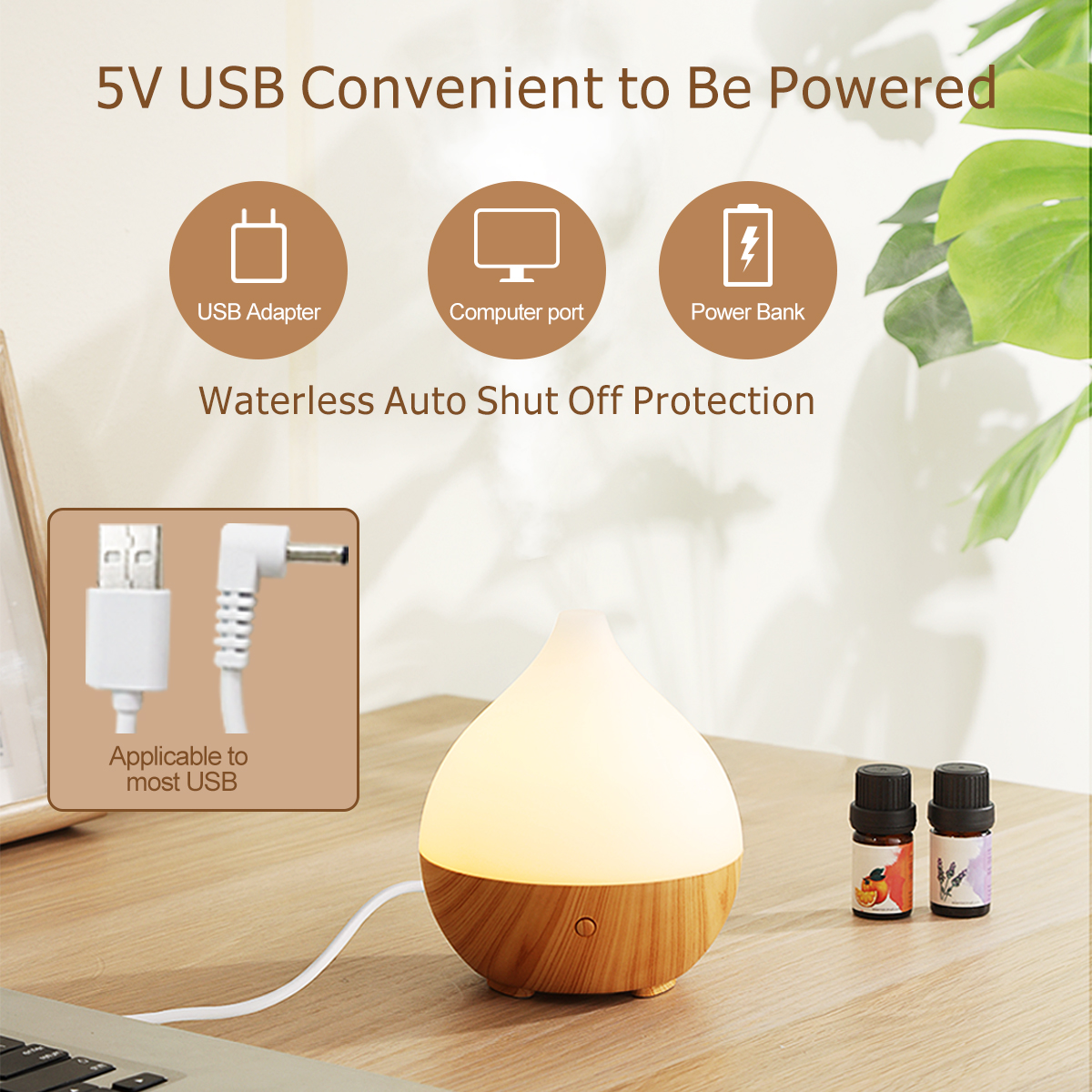 Essential Oil Cool Mist Diffuser, 100ml Mini Aromatherapy Home Diffuser 3 Mode with LED Light Up to 5 Hours Run time Quiet Humidifier USB 5V Powered / Auto-Off Function