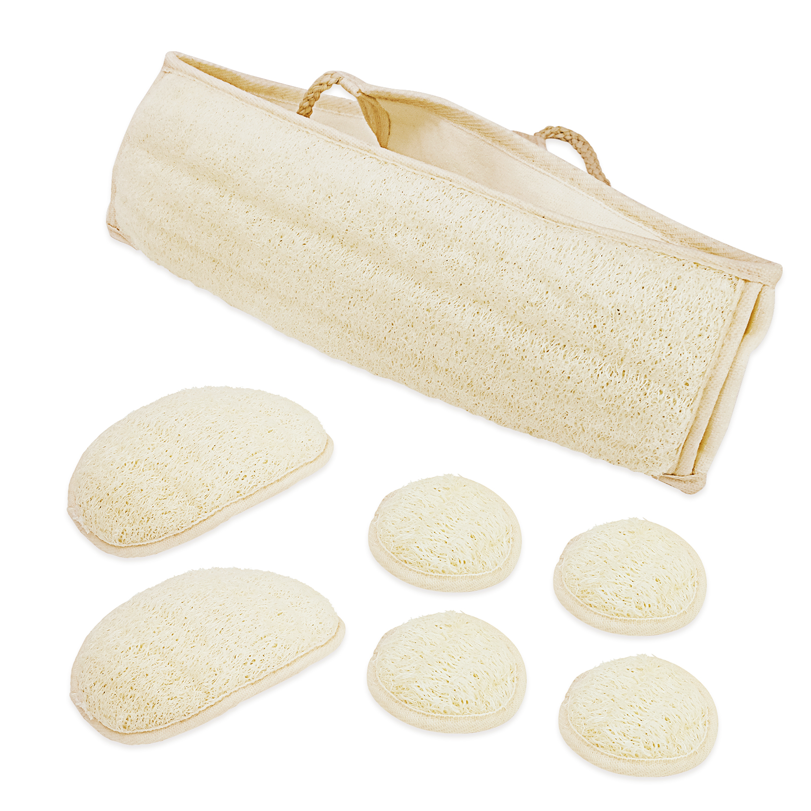 UCINNOVATE Natural Shower Loofah Eco-Friendly Egyptian Sponge 7 Packs, Exfoliating Loofah Sponge Face Pads Scrubber, Large Exfoliating Shower Loofa Body Scrubbers Buff Away Dead Skin for Smoother