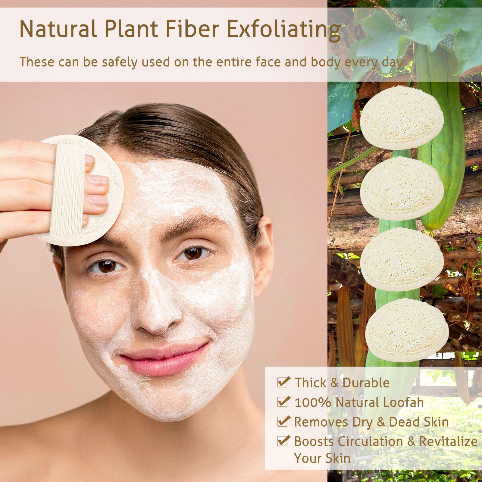 UCINNOVATE Natural Shower Loofah Eco-Friendly Egyptian Sponge 7 Packs, Exfoliating Loofah Sponge Face Pads Scrubber, Large Exfoliating Shower Loofa Body Scrubbers Buff Away Dead Skin for Smoother