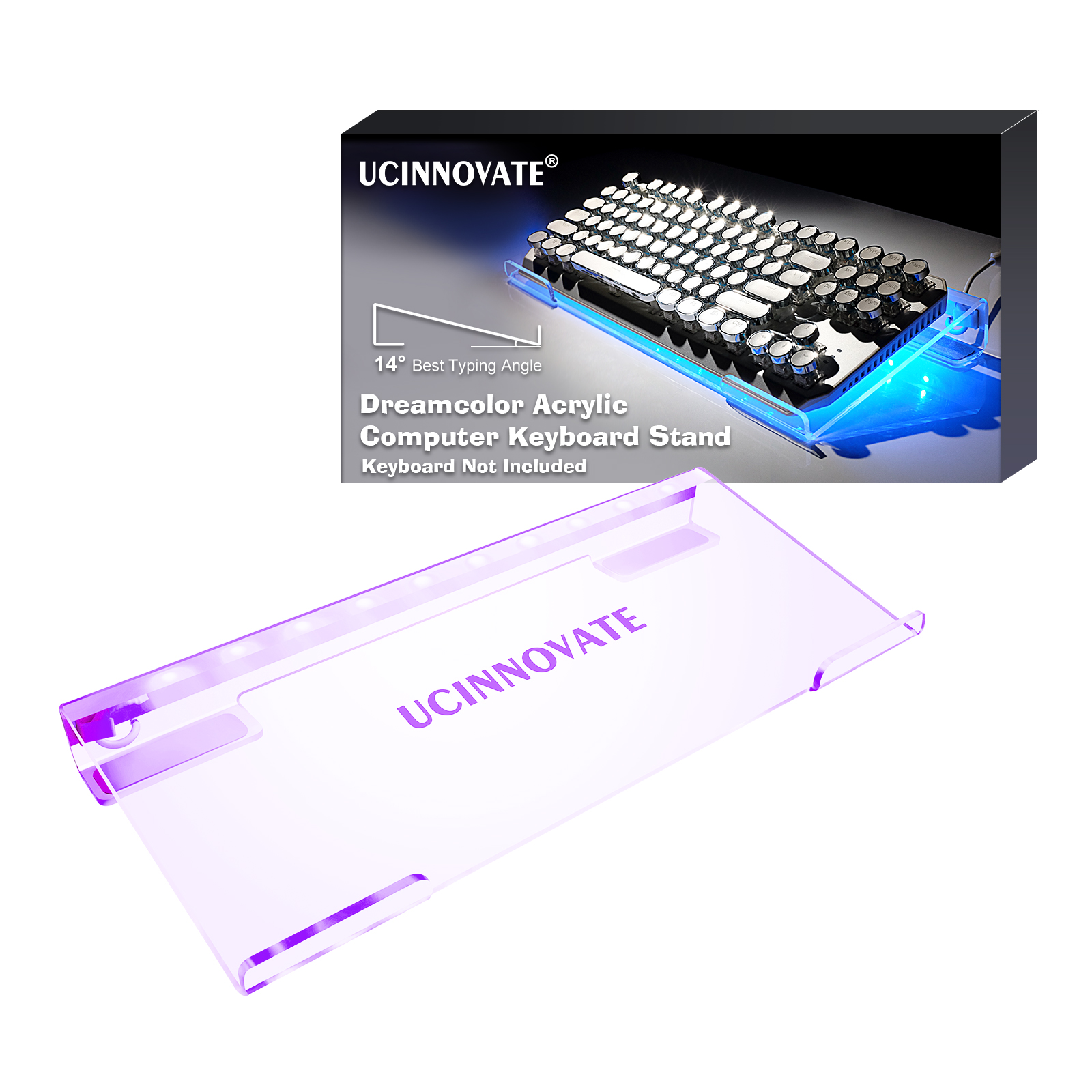 UCINNOVATE RGB Acrylic Computer Keyboard Stand, LED Backlit Keyboard Stand Tray, 75% 80% Gaming Keyboard USB Interface Titled Keyboard Stand for Easy Ergonomic Typing and Working Office Desk, Home