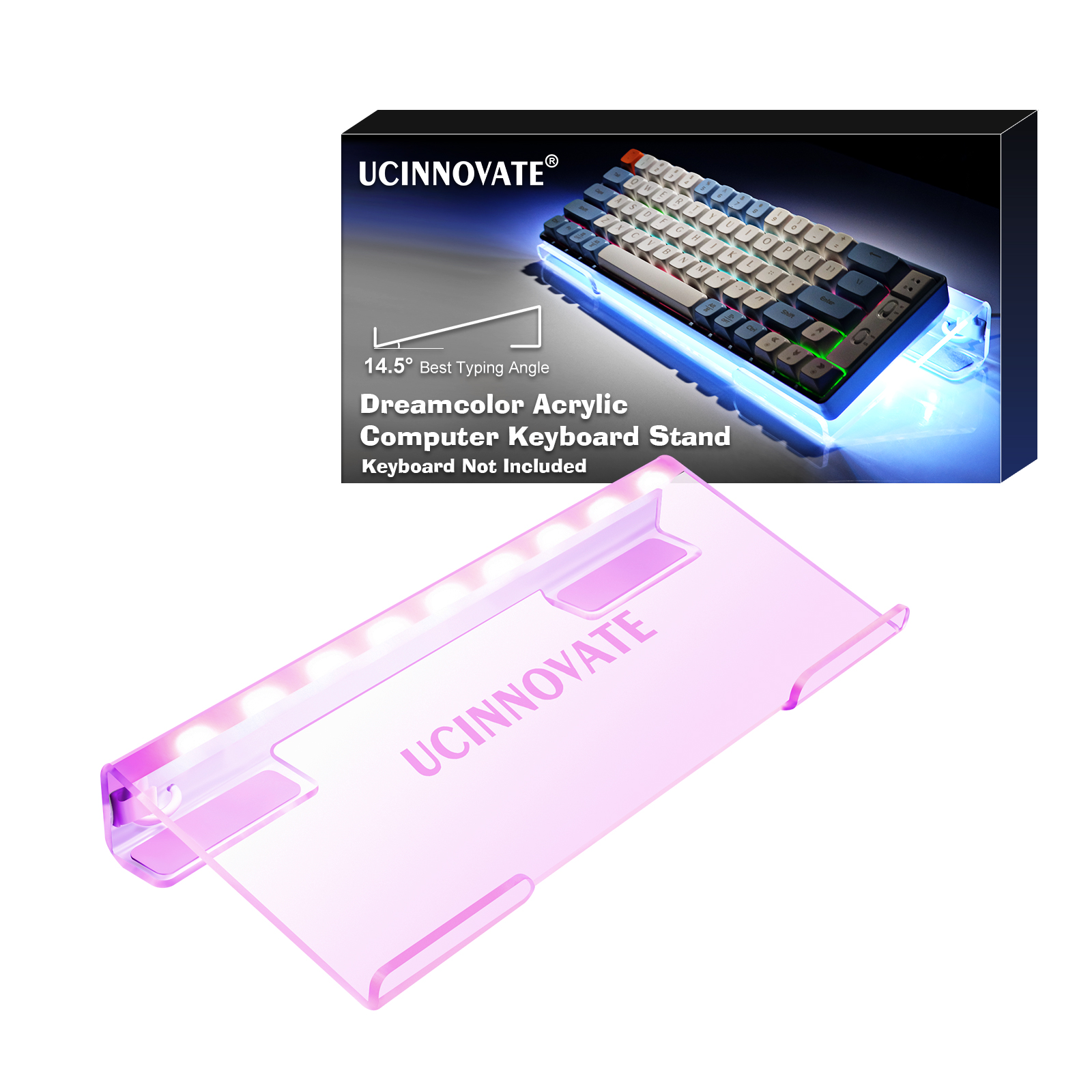 UCINNOVATE RGB Acrylic Computer Keyboard Stand, Mini LED Backlit Keyboard Stand Tray, 60% Gaming Keyboard USB Interface Titled Keyboard Stand for Easy Ergonomic Typing and Working Office Desk, Home