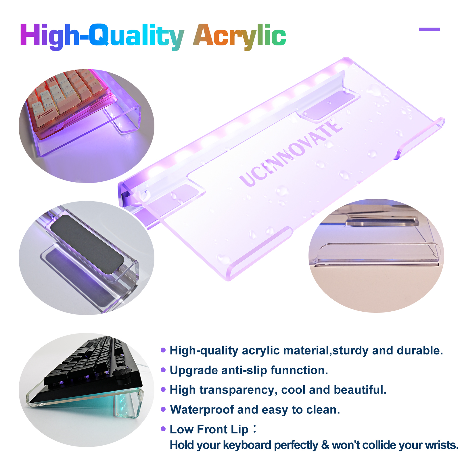 UCINNOVATE RGB Acrylic Computer Keyboard Stand, Mini LED Backlit Keyboard Stand Tray, 60% Gaming Keyboard USB Interface Titled Keyboard Stand for Easy Ergonomic Typing and Working Office Desk, Home