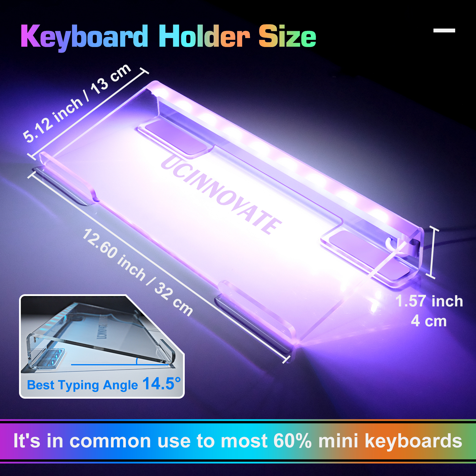UCINNOVATE RGB Acrylic Computer Keyboard Stand, Mini LED Backlit Keyboard Stand Tray, 60% Gaming Keyboard USB Interface Titled Keyboard Stand for Easy Ergonomic Typing and Working Office Desk, Home