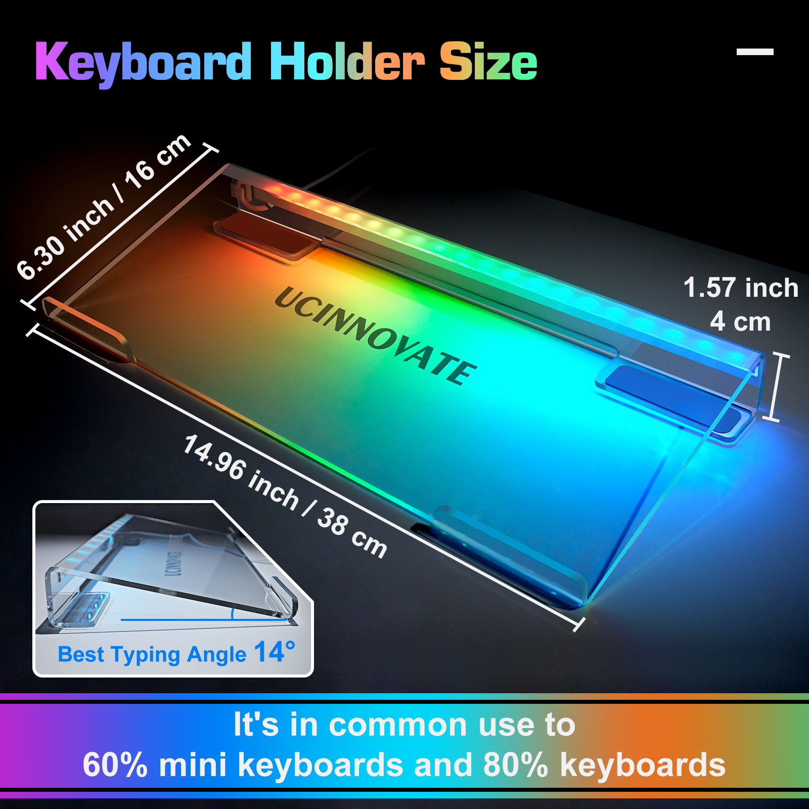 UCINNOVATE Dream Color Acrylic Computer Keyboard Stand, LED Backlit Keyboard Stand Tray, 80% Gaming Keyboard USB Interface Titled Keyboard Stand for Easy Ergonomic Typing and Working Office Desk, Home