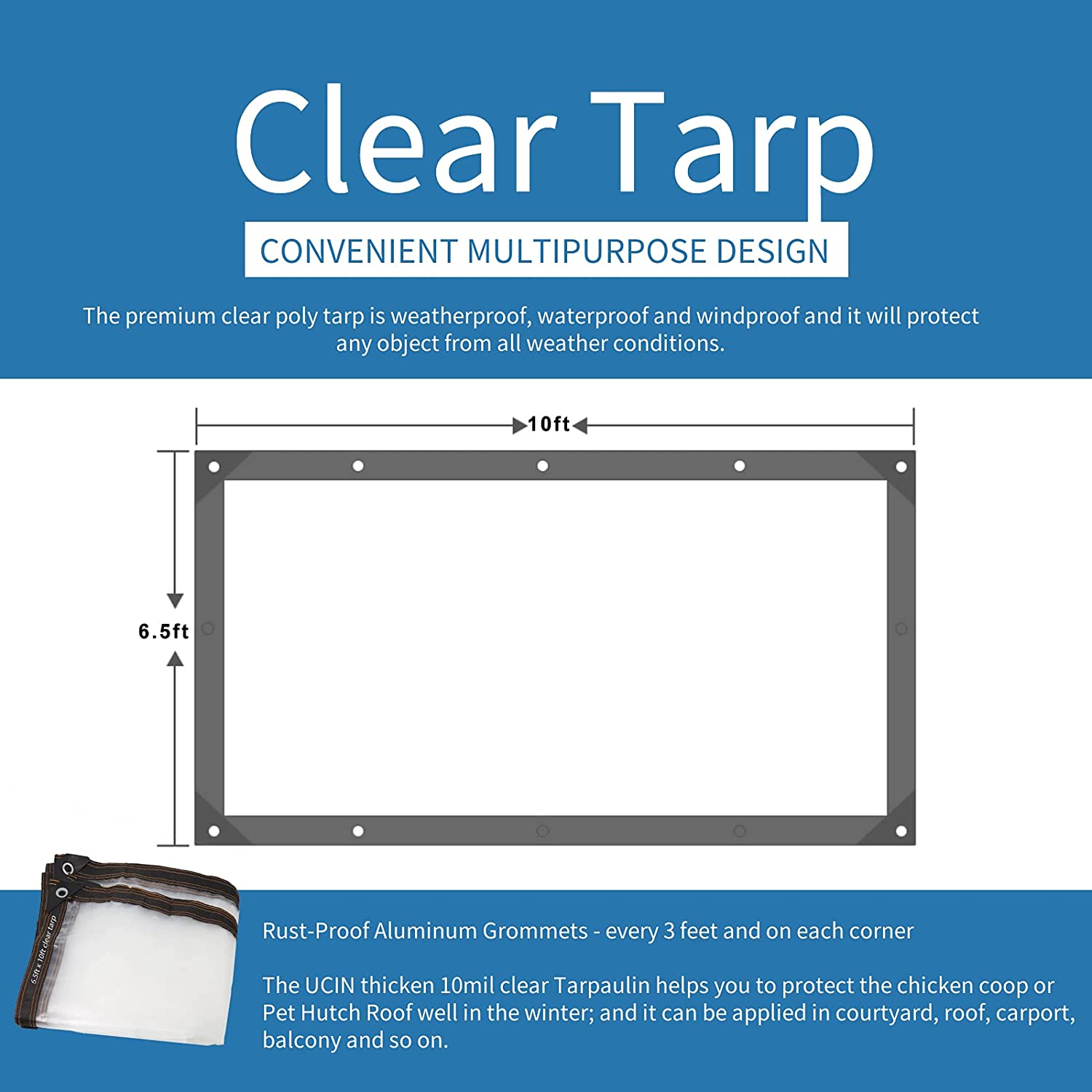 UCINNOVATE 6.5 x 10 ft Clear Plastic Sheeting 10mil Clear Plastic Tarp Waterproof with Grommets