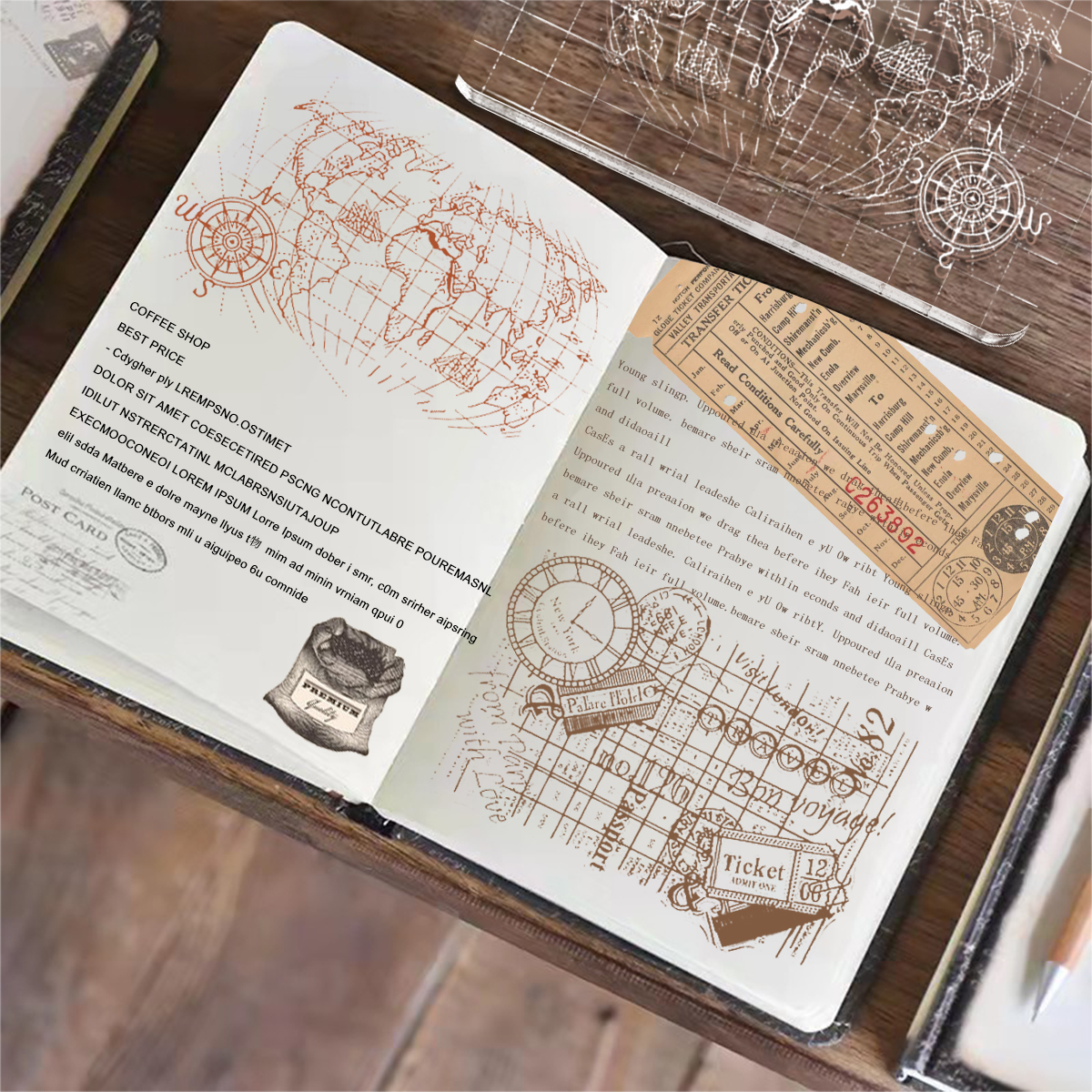 UCINNOVATE 4Pcs Clear Stamps, Earth Map, Travel , Feather, Food Theme for DIY Card, Scrapbooking and Journals