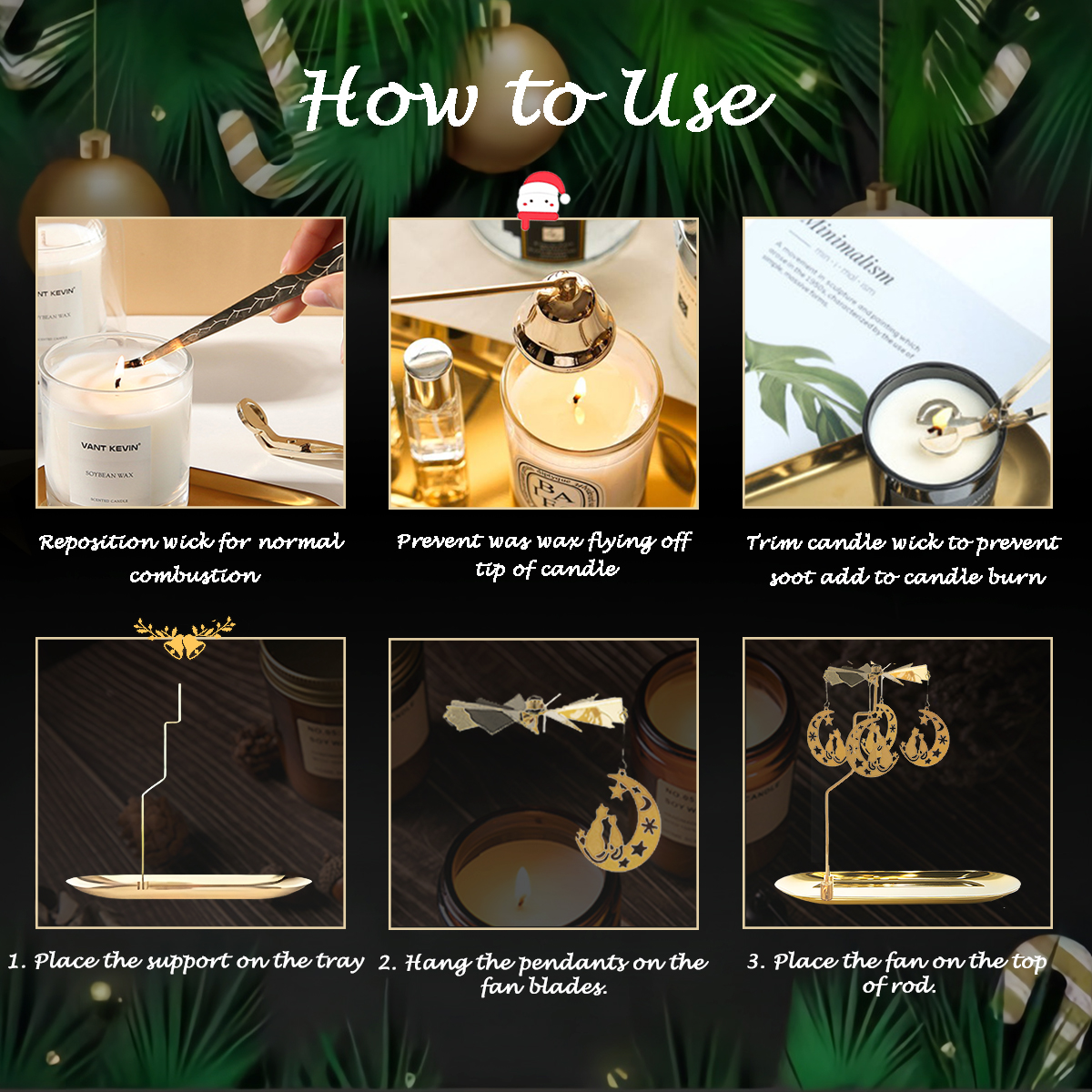 UCINNOVATE 5 in 1 Candle Accessory Set, Candle Wick Trimmer Cutter, Candle Snuffer Extinguisher, Wick Dipper, Candle Tray, Spinning Candle Holder with Gift Package for Candle Lovers (Moon & Cat)