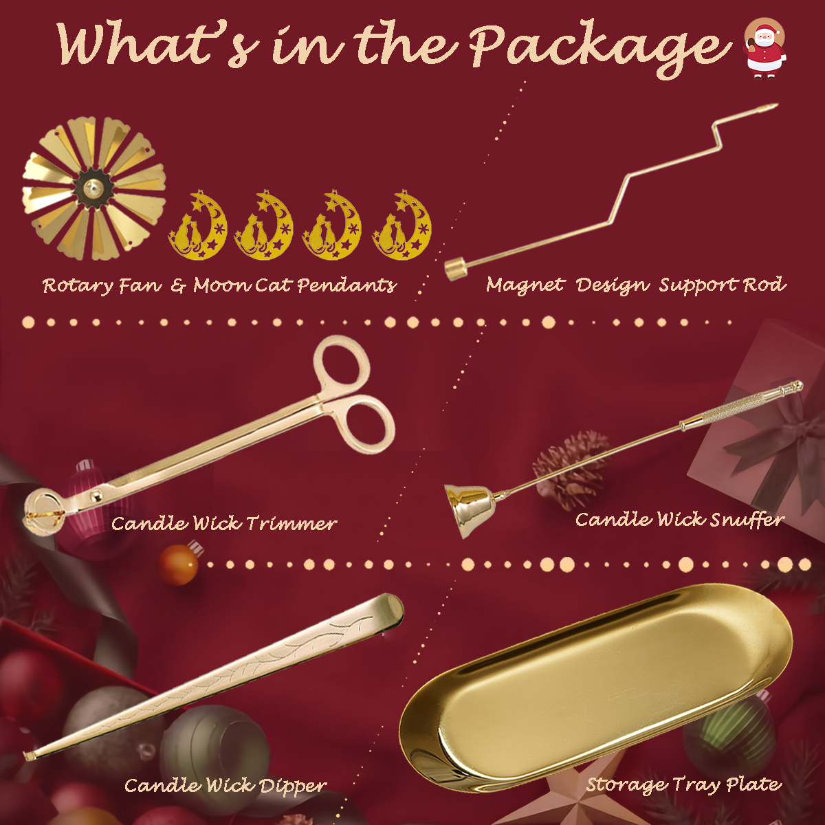 UCINNOVATE 5 in 1 Candle Accessory Set, Candle Wick Trimmer Cutter, Candle Snuffer Extinguisher, Wick Dipper, Candle Tray, Spinning Candle Holder with Gift Package for Candle Lovers (Moon & Cat)