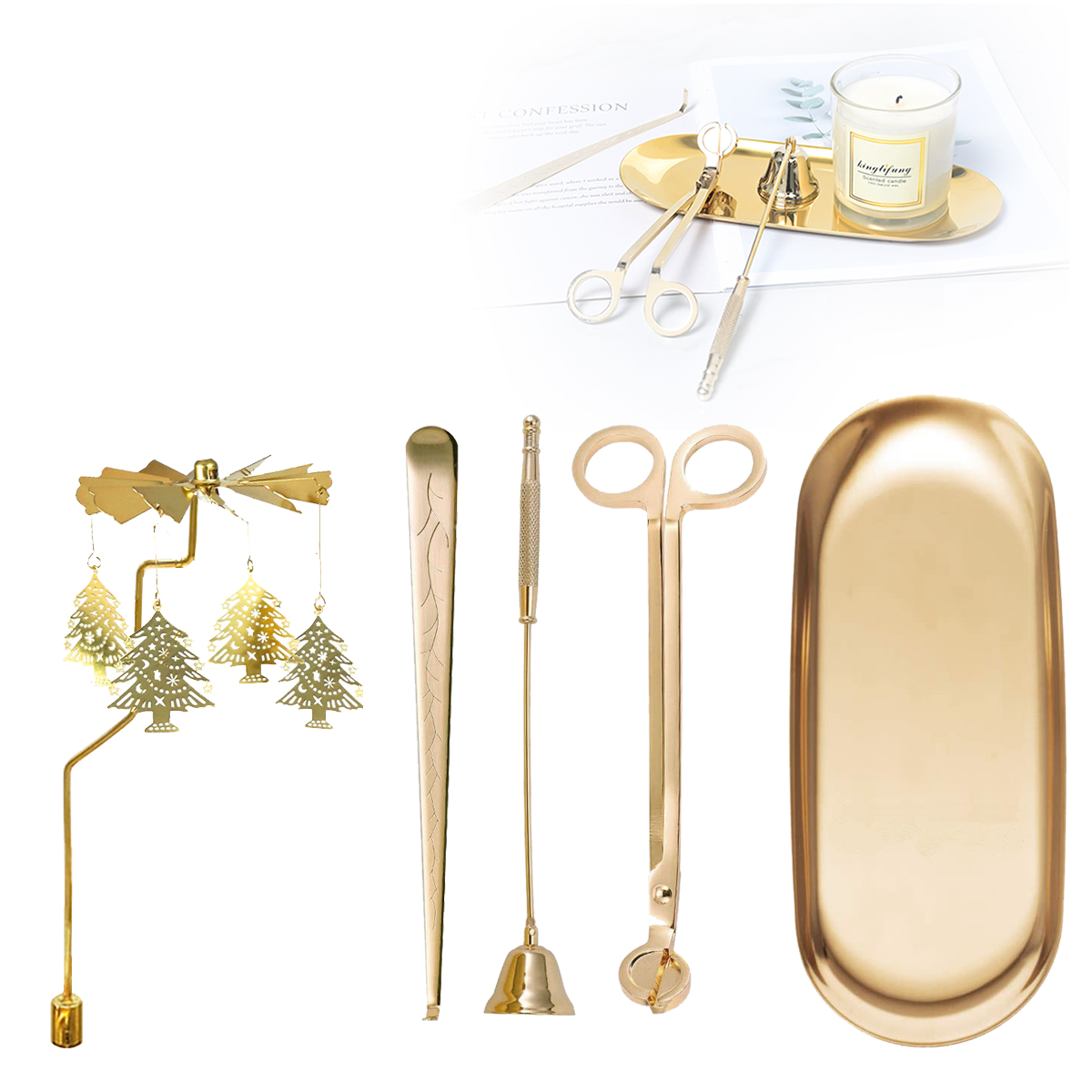 UCINNOVATE 5 in 1 Candle Accessory Set, Candle Wick Trimmer Cutter, Candle Snuffer Extinguisher, Wick Dipper, Candle Tray, Spinning Candle Holder with Gift Package for Candle Lovers (Christmas Tree)