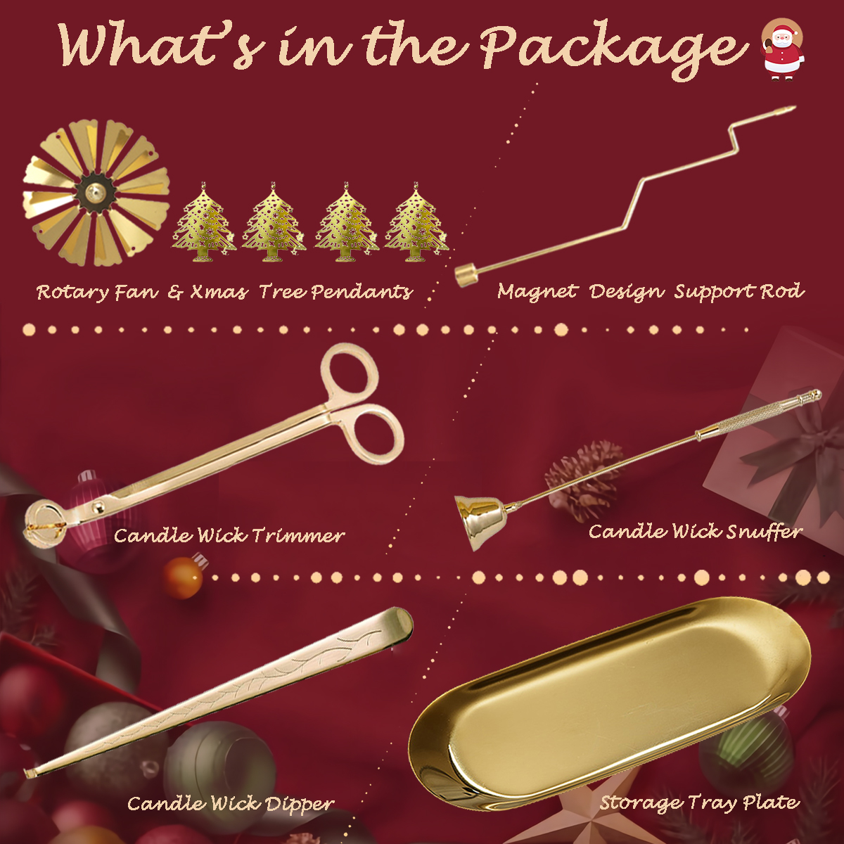 UCINNOVATE 5 in 1 Candle Accessory Set, Candle Wick Trimmer Cutter, Candle Snuffer Extinguisher, Wick Dipper, Candle Tray, Spinning Candle Holder with Gift Package for Candle Lovers (Christmas Tree)