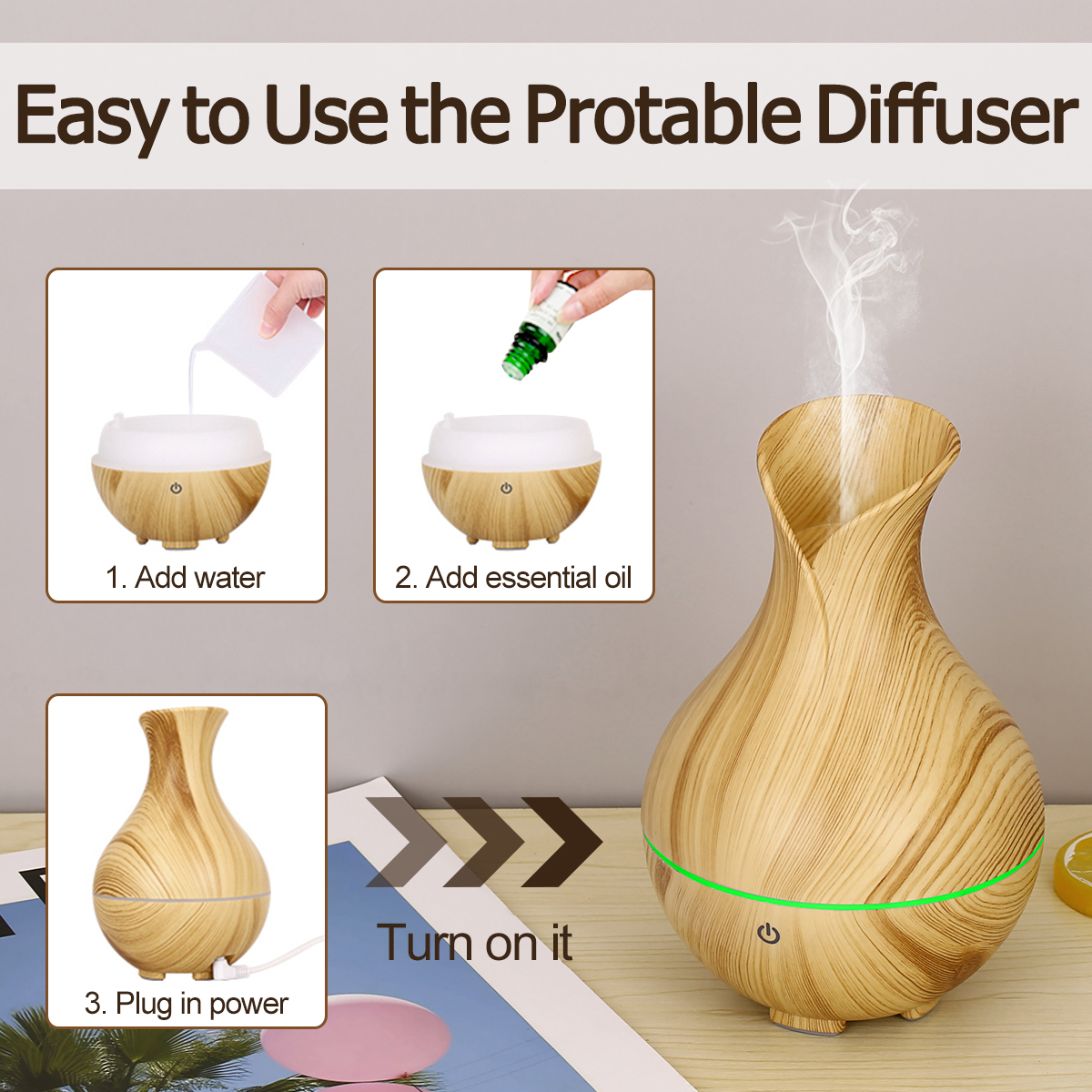 Portable Aroma Diffuser for Essential Oil, RGB LED Color Changing USB Powered Essential Oil Diffuser Compact Aromatherapy Diffuser for Home, Office, Travel