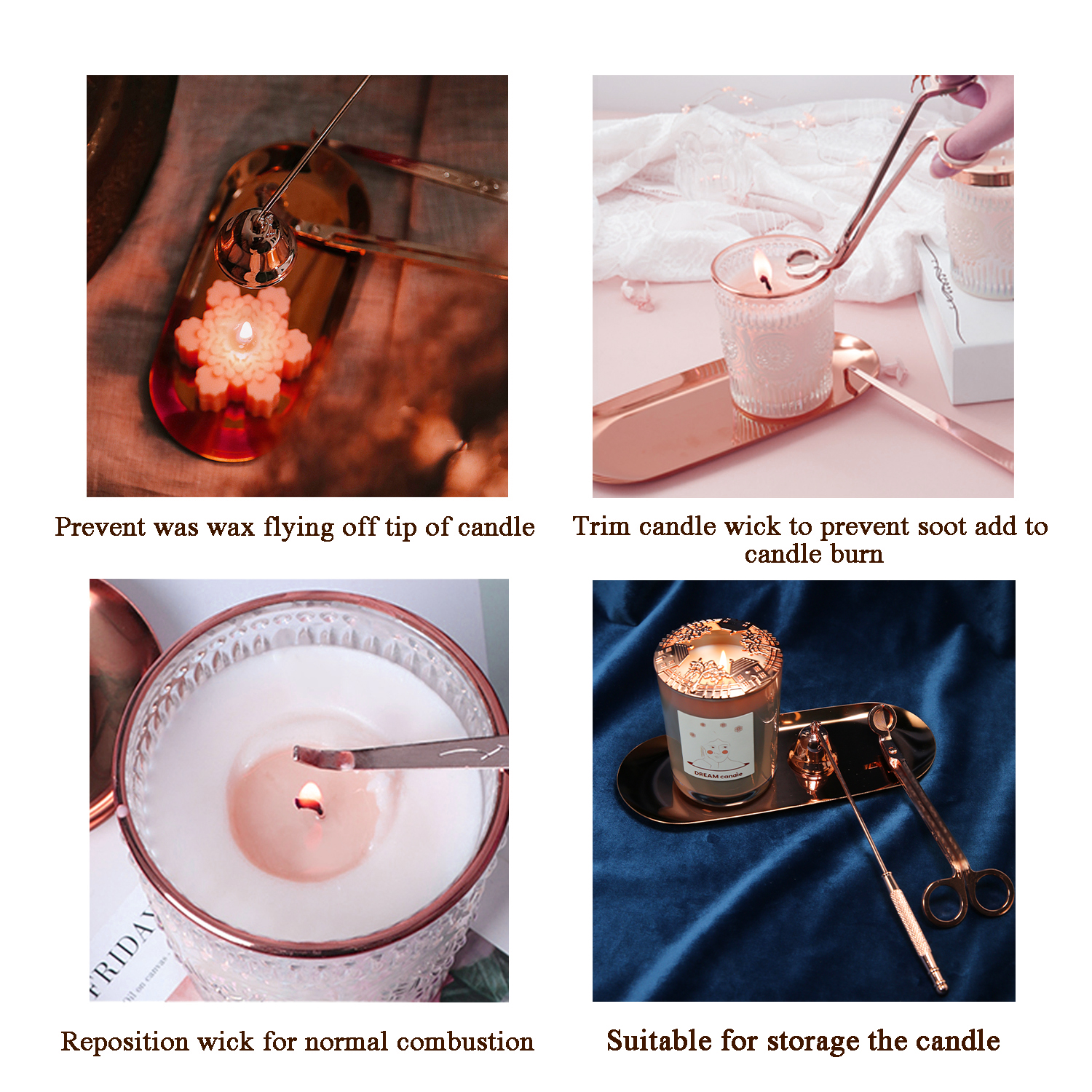4 in 1 Candle Accessory Set, Candle Snuffer, Wick Trimme, Wick Dipper, Tray, Gift for Candle Lover, Pink Gold