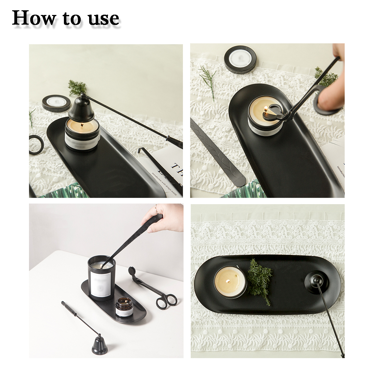 4 in 1 Candle Accessory Set, Candle Snuffer, Wick Trimmer, Wick Dipper, Storage Tray , for Candle Lover(Black)