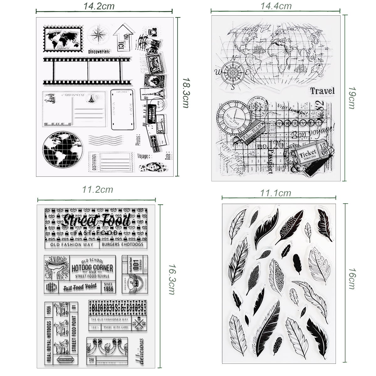 UCINNOVATE 4Pcs Clear Stamps, Earth Map, Travel , Feather, Food Theme for DIY Card, Scrapbooking and Journals